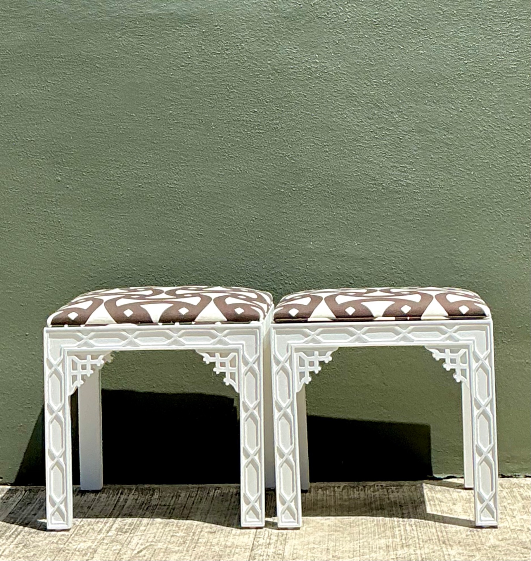 Vintage White and Brown Fretwork Upholstered Stools - A Pair - Side view