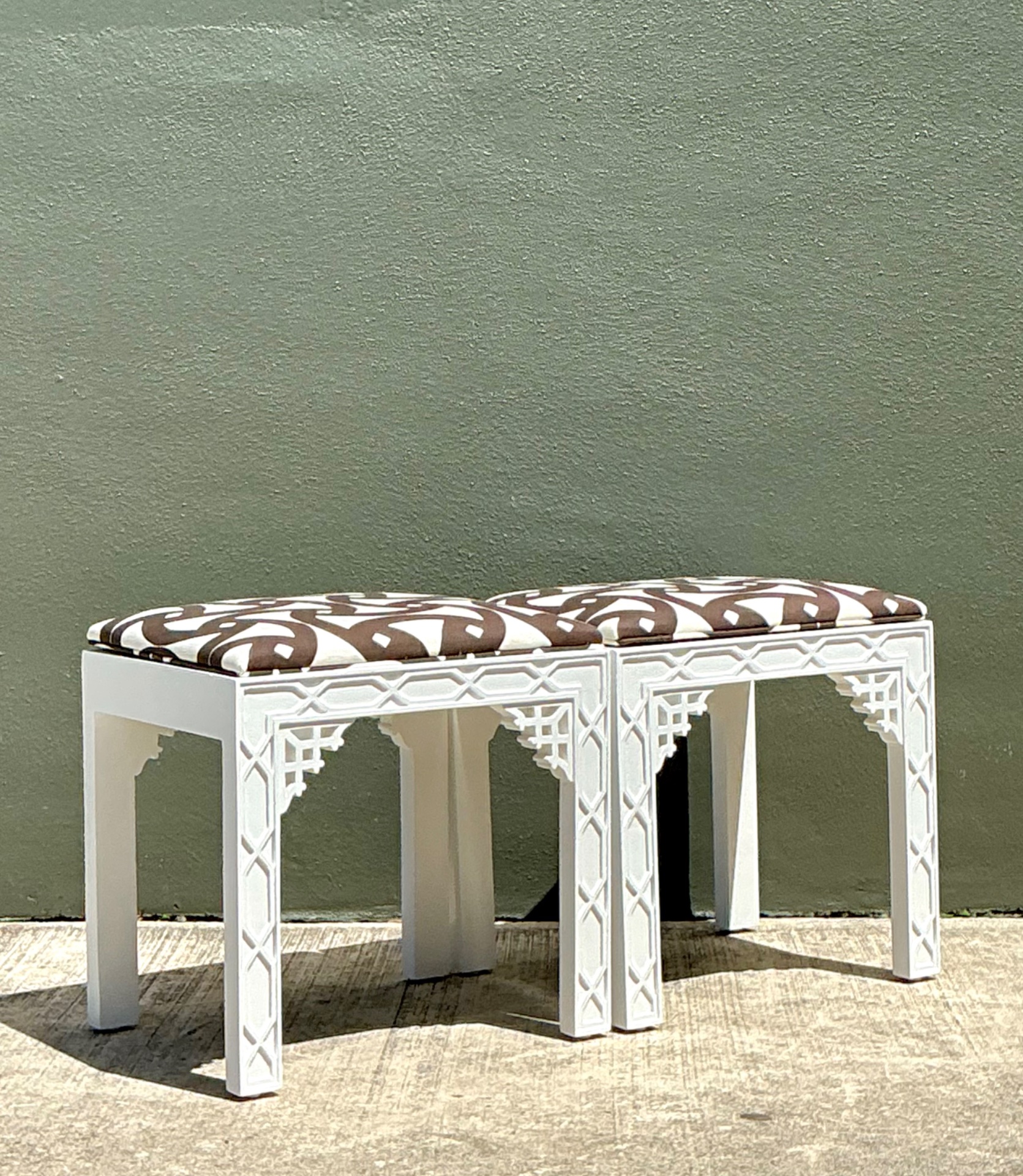 Vintage White and Brown Fretwork Upholstered Stools - A Pair - Back view