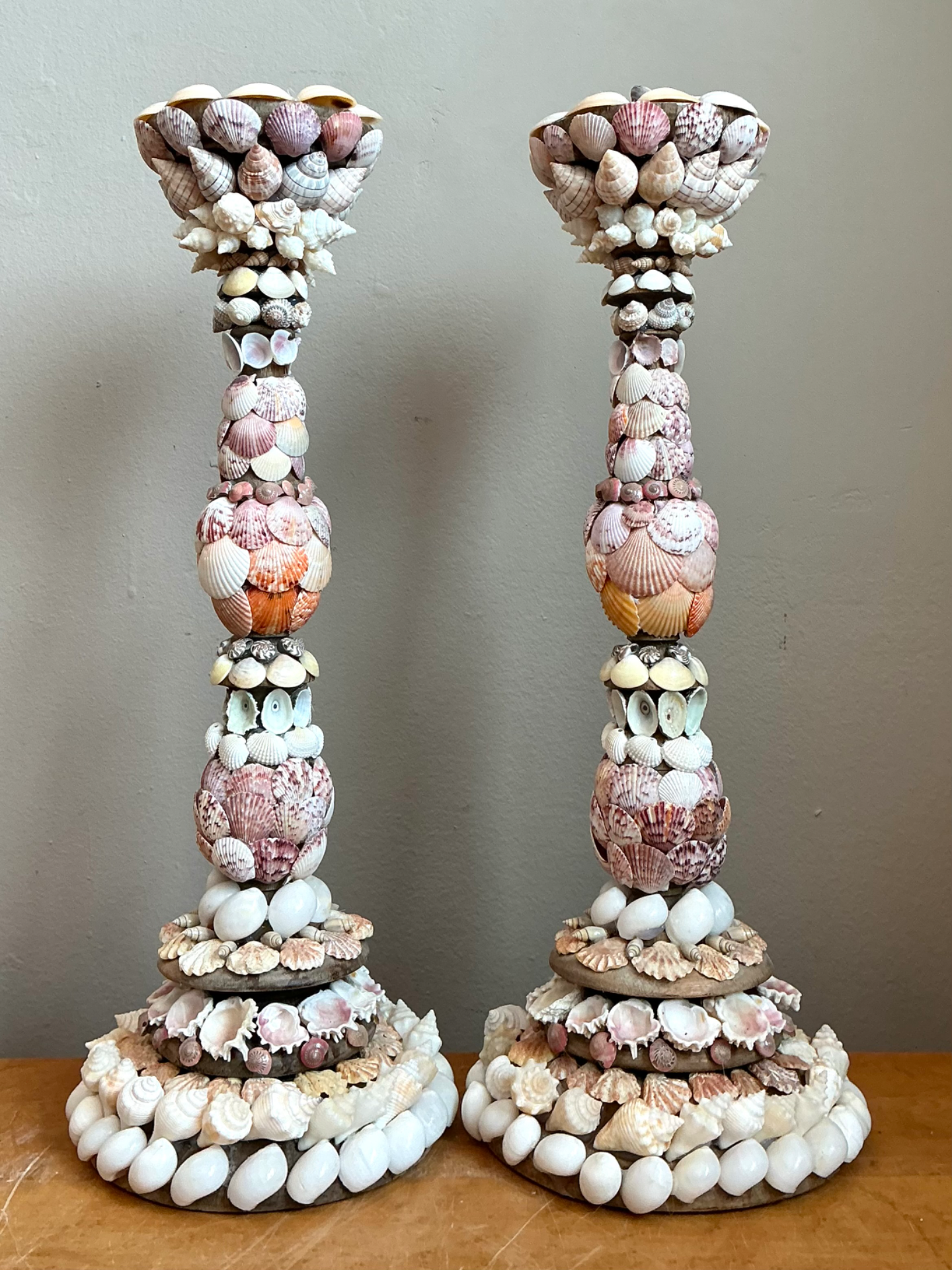 Vintage Shell Encrusted Candle Holders - Pair - Side view