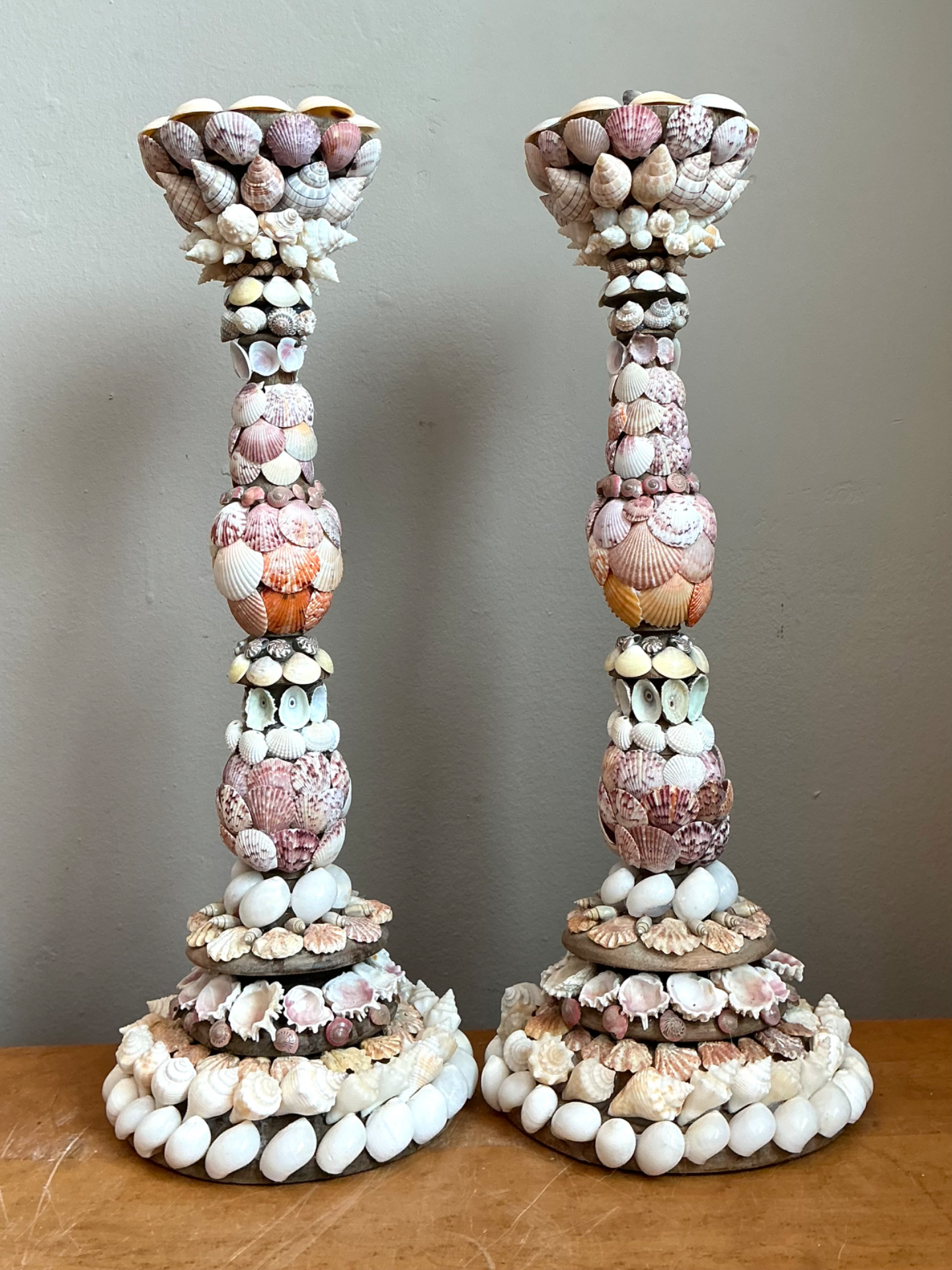 Vintage Shell Encrusted Candle Holders - Pair - Top view