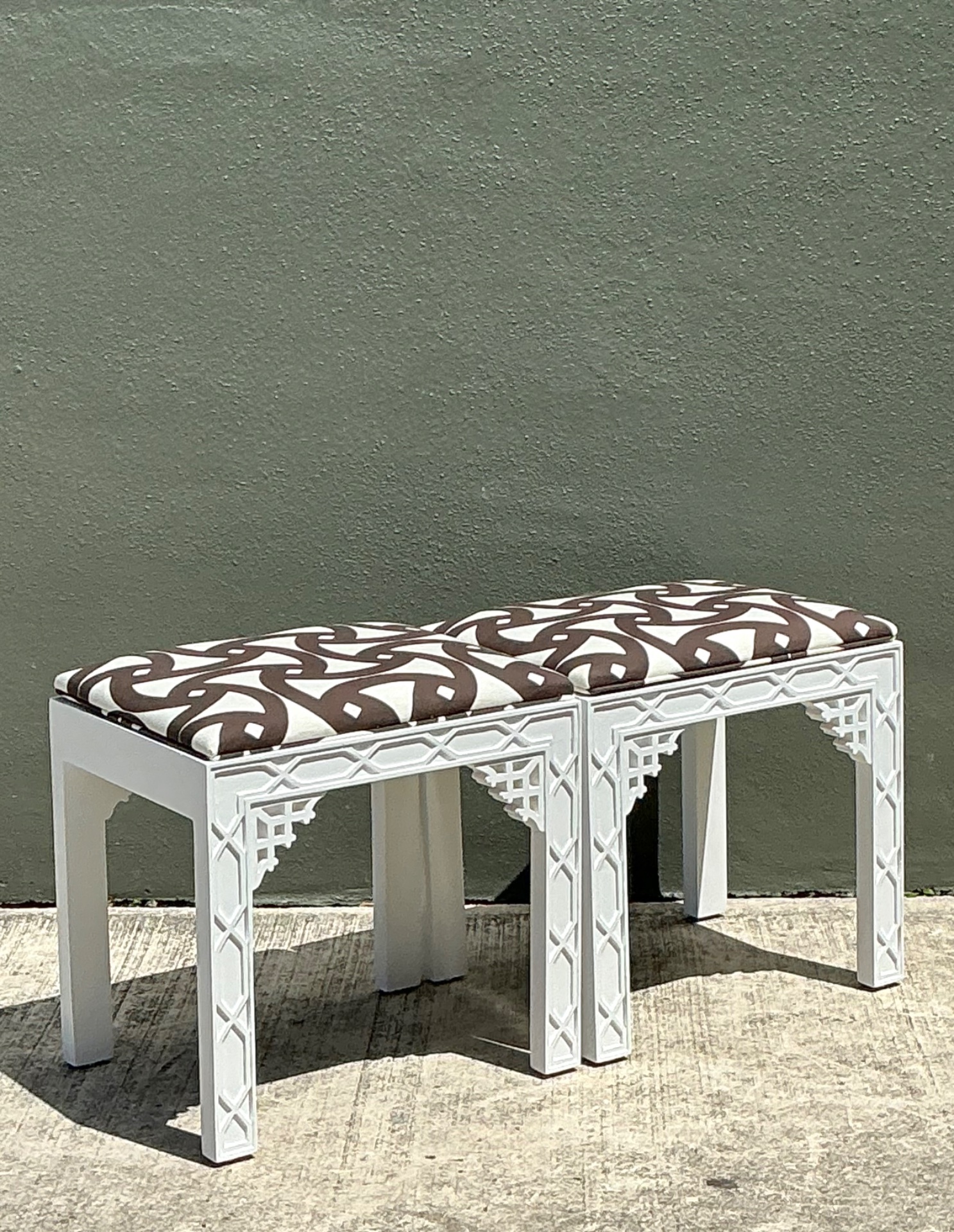 Vintage White and Brown Fretwork Upholstered Stools - A Pair - Detail view