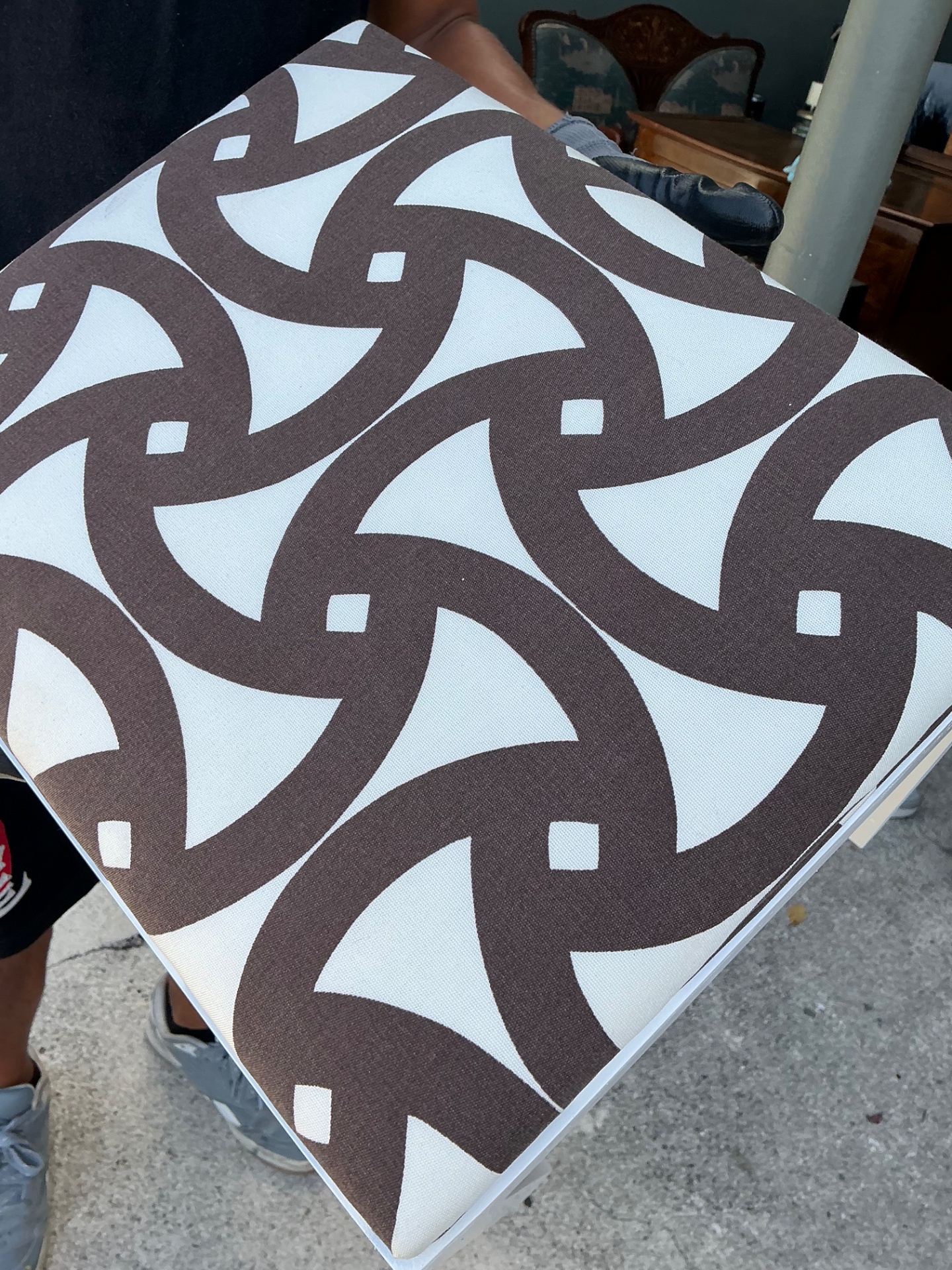 Vintage White and Brown Fretwork Upholstered Stools - A Pair - Top view