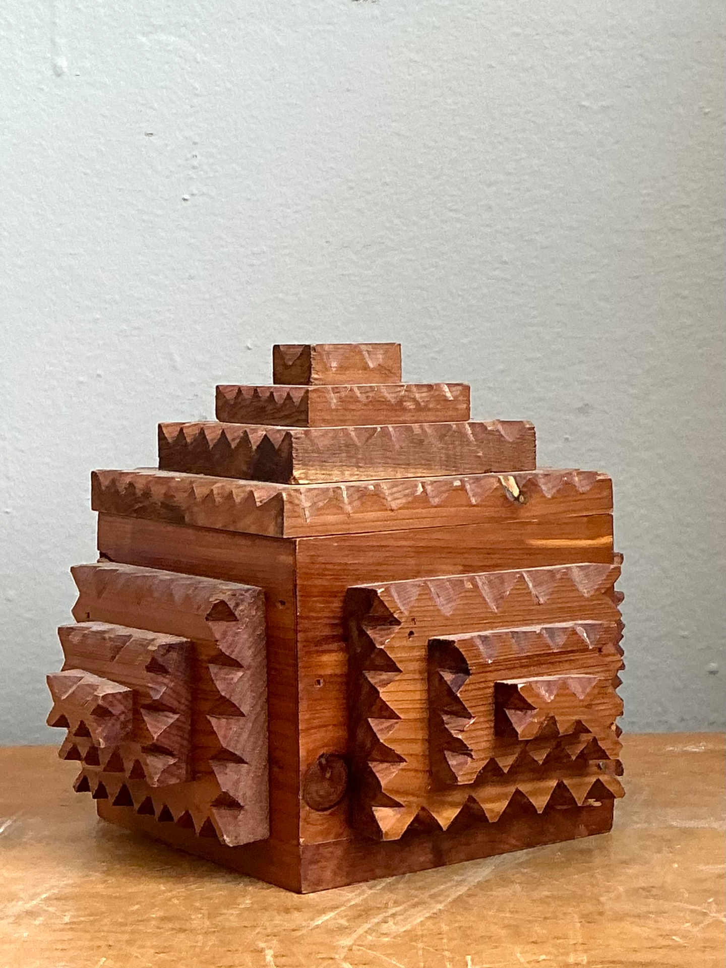 Vintage Carved Wood Tramp Art  Box - Detail view