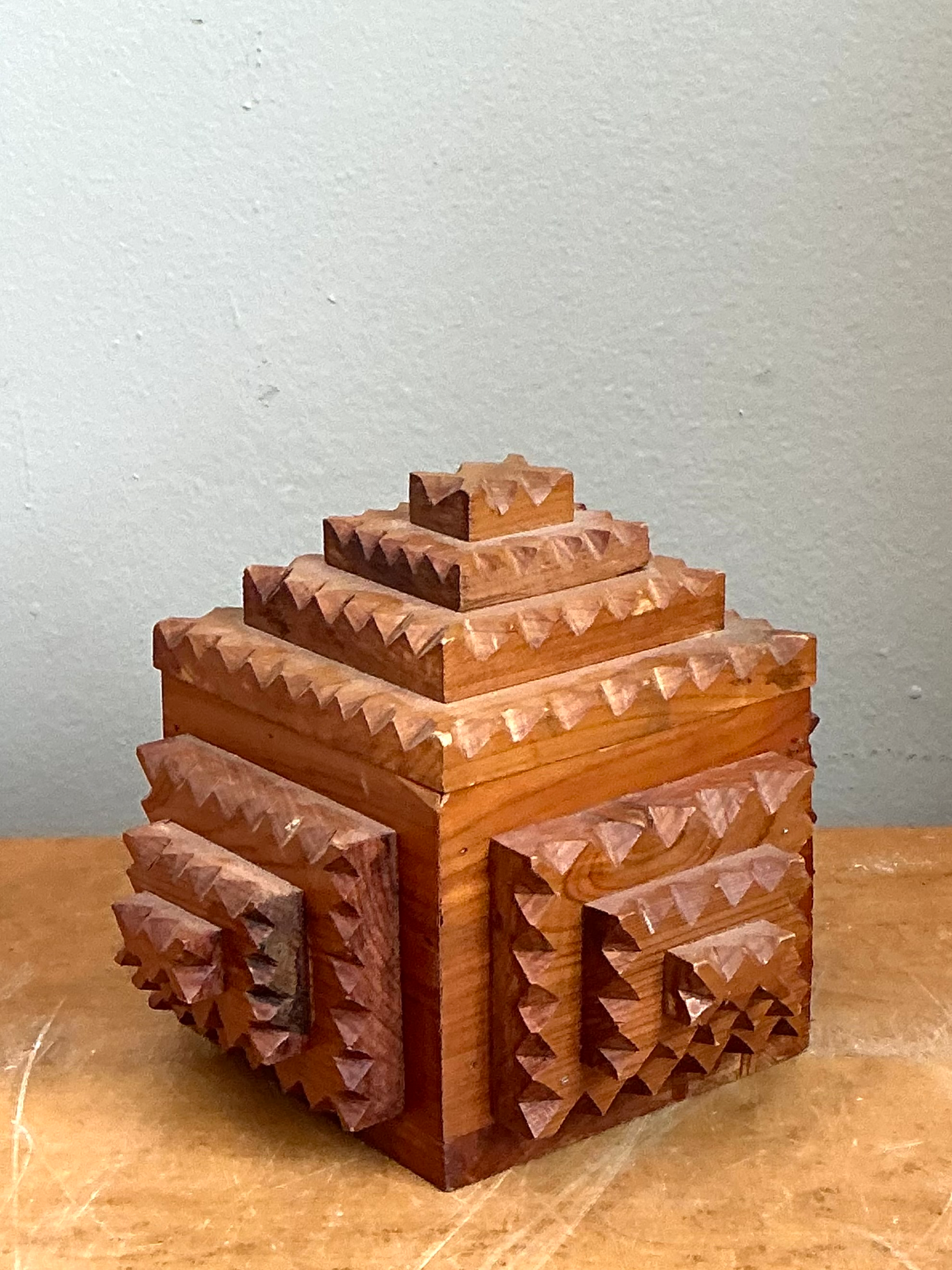 Vintage Carved Wood Tramp Art  Box - Side view