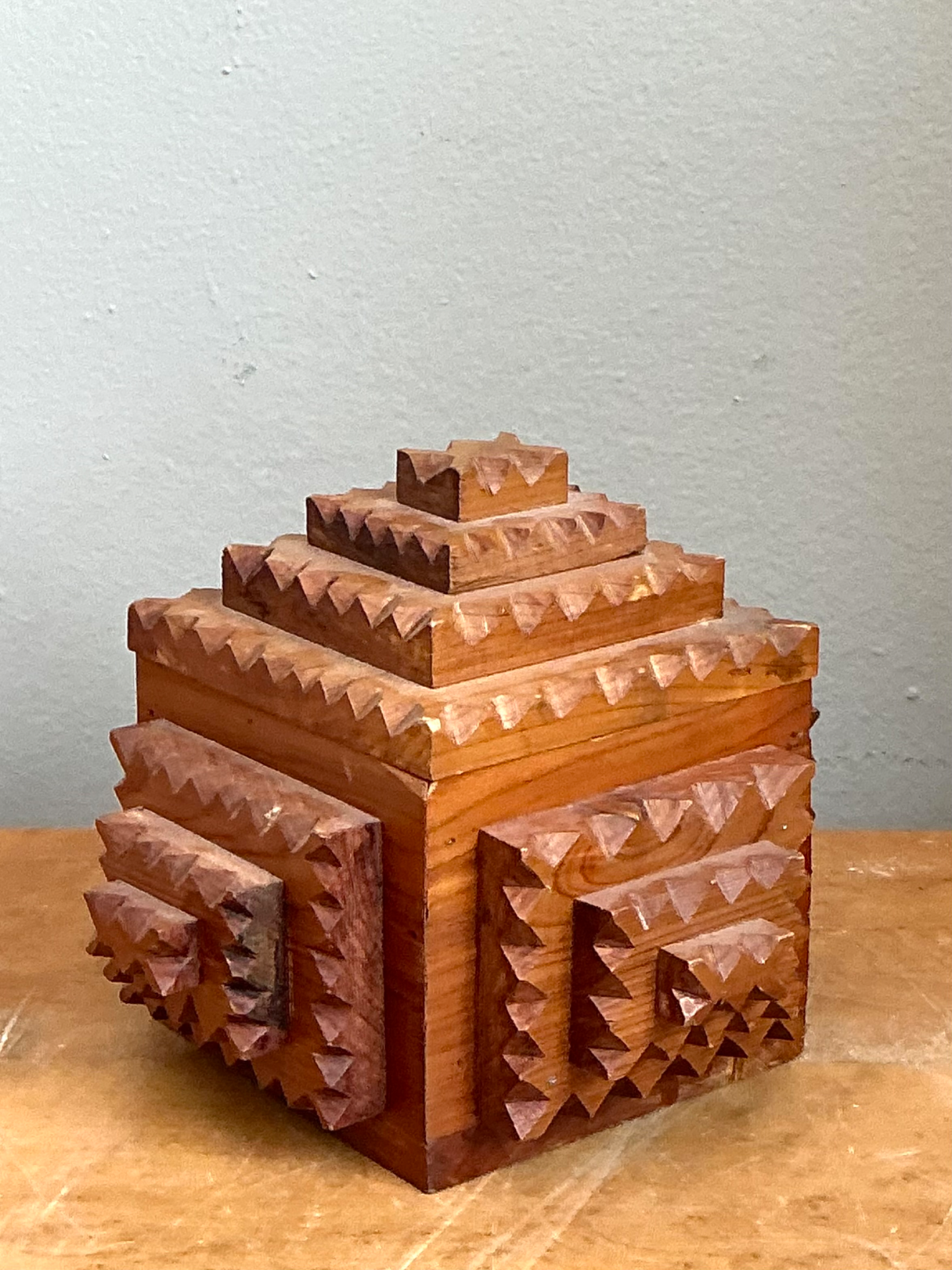Vintage Carved Wood Tramp Art  Box - Top view