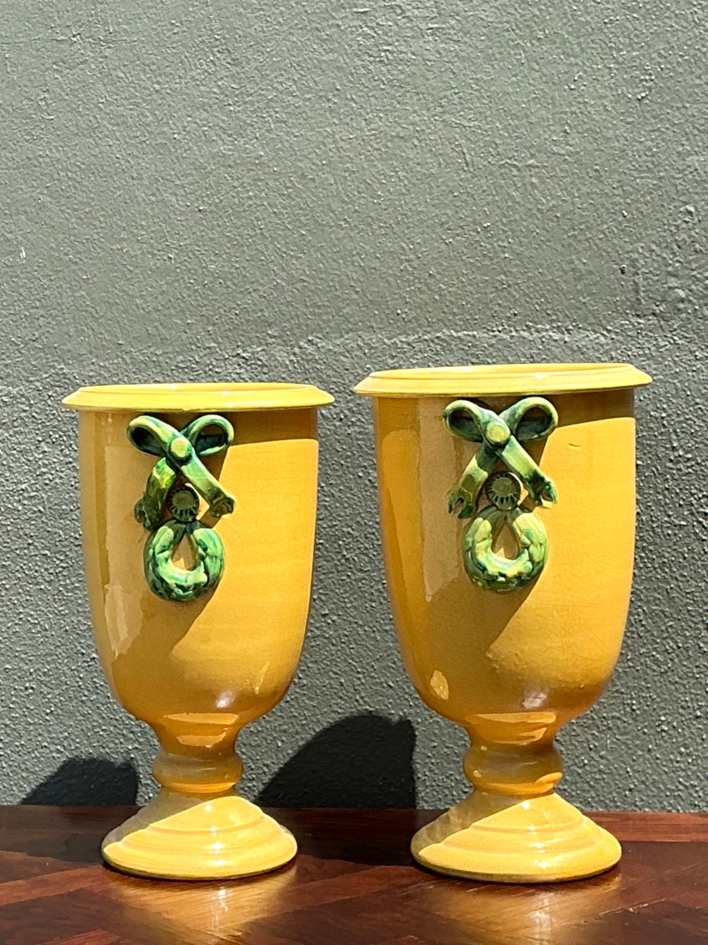 Vintage Italian Pedestal Ceramic Vases with Bow Detail - Side view