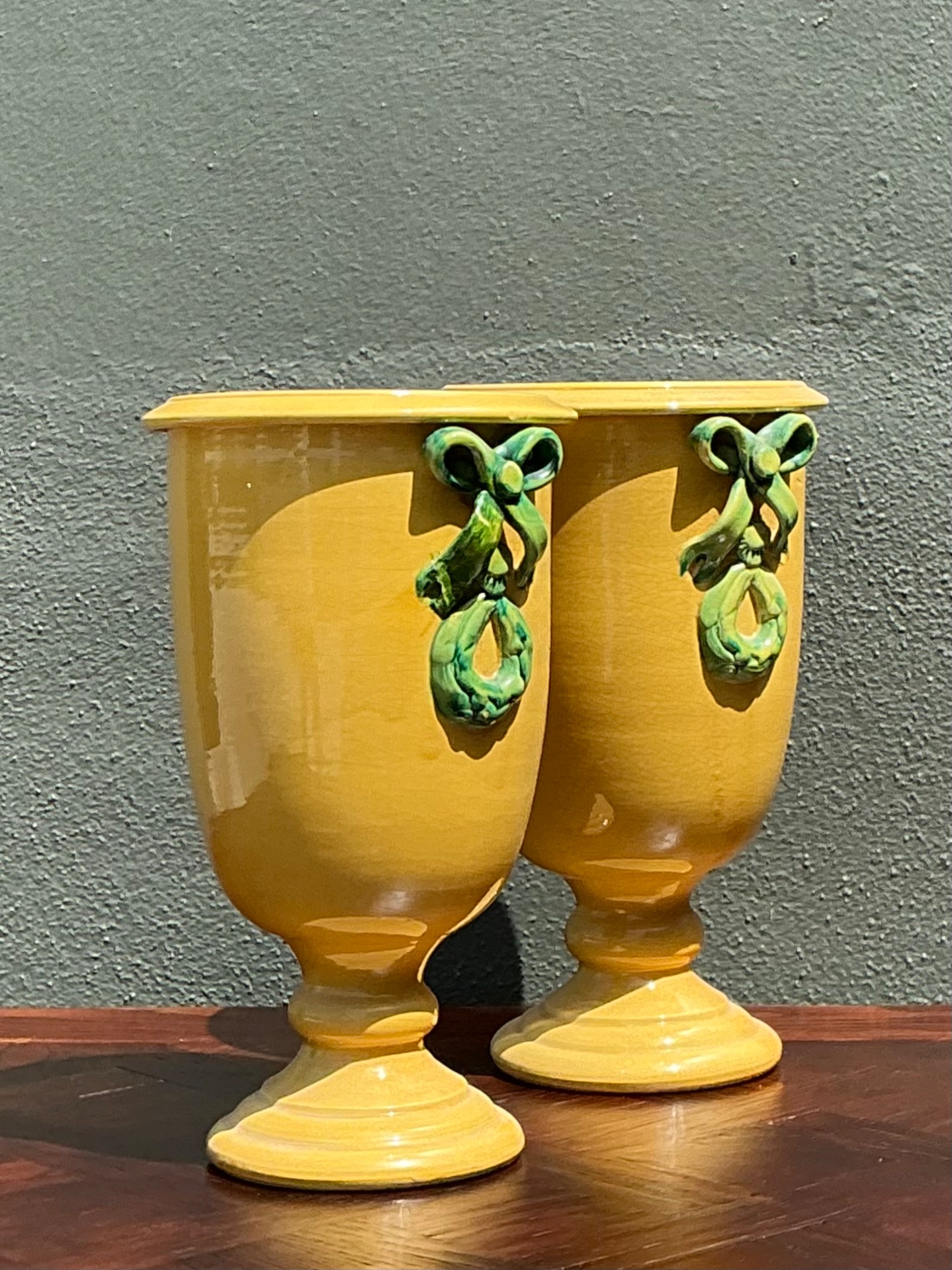 Vintage Italian Pedestal Ceramic Vases with Bow Detail - Back view