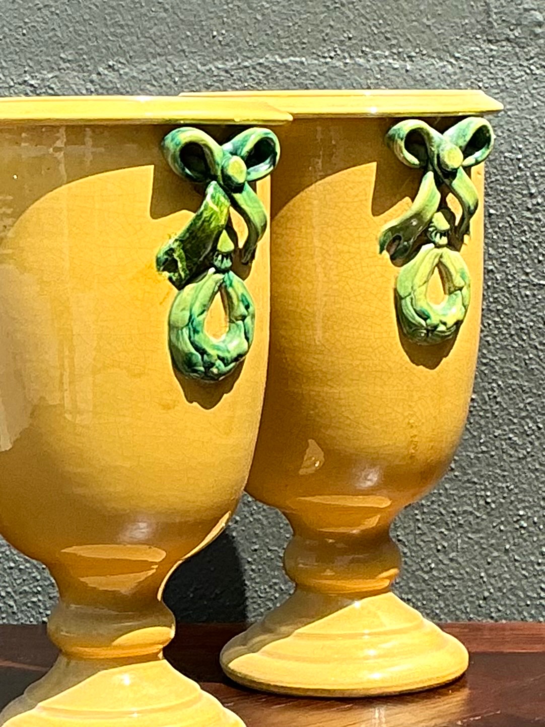 Vintage Italian Pedestal Ceramic Vases with Bow Detail - Detail view