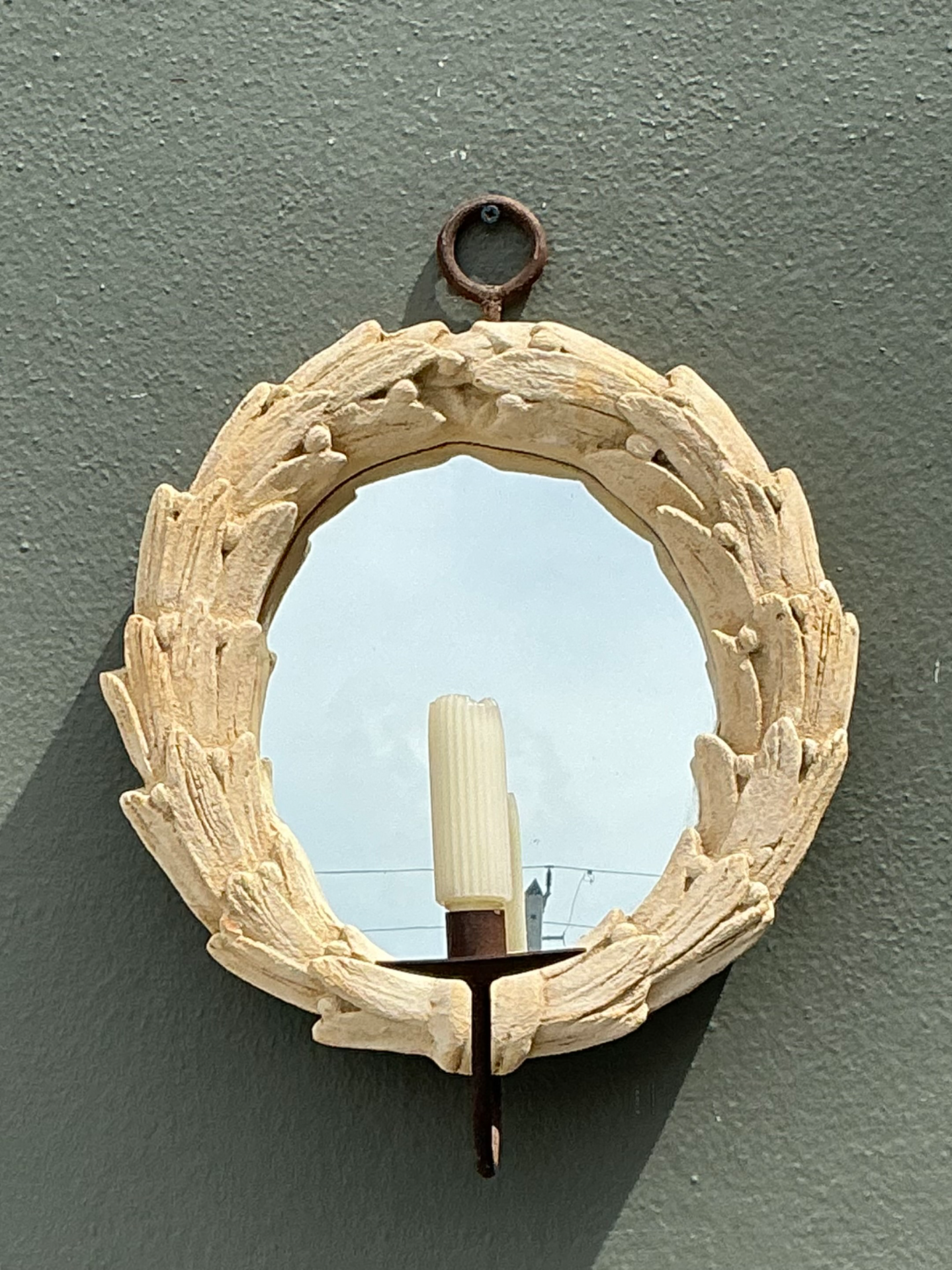 Vintage Laurel Leaf Wall Mirror With Candle Holder - Back view