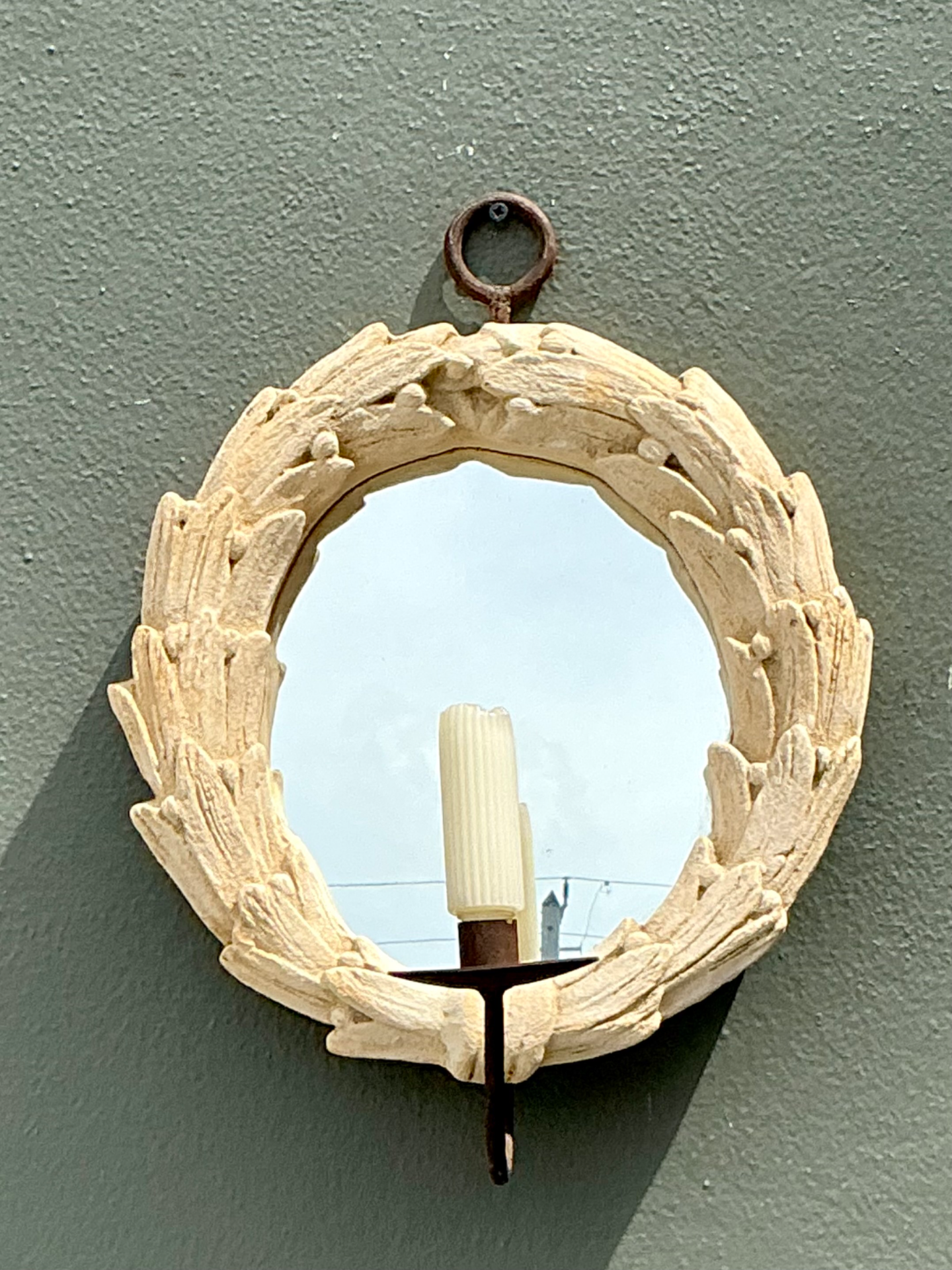 Vintage Laurel Leaf Wall Mirror With Candle Holder - Detail view