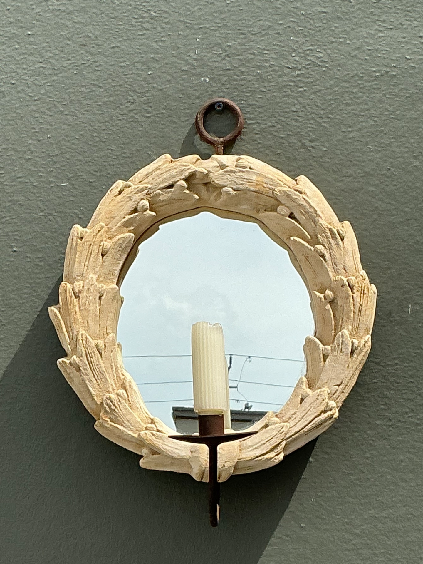 Vintage Laurel Leaf Wall Mirror With Candle Holder - Side view