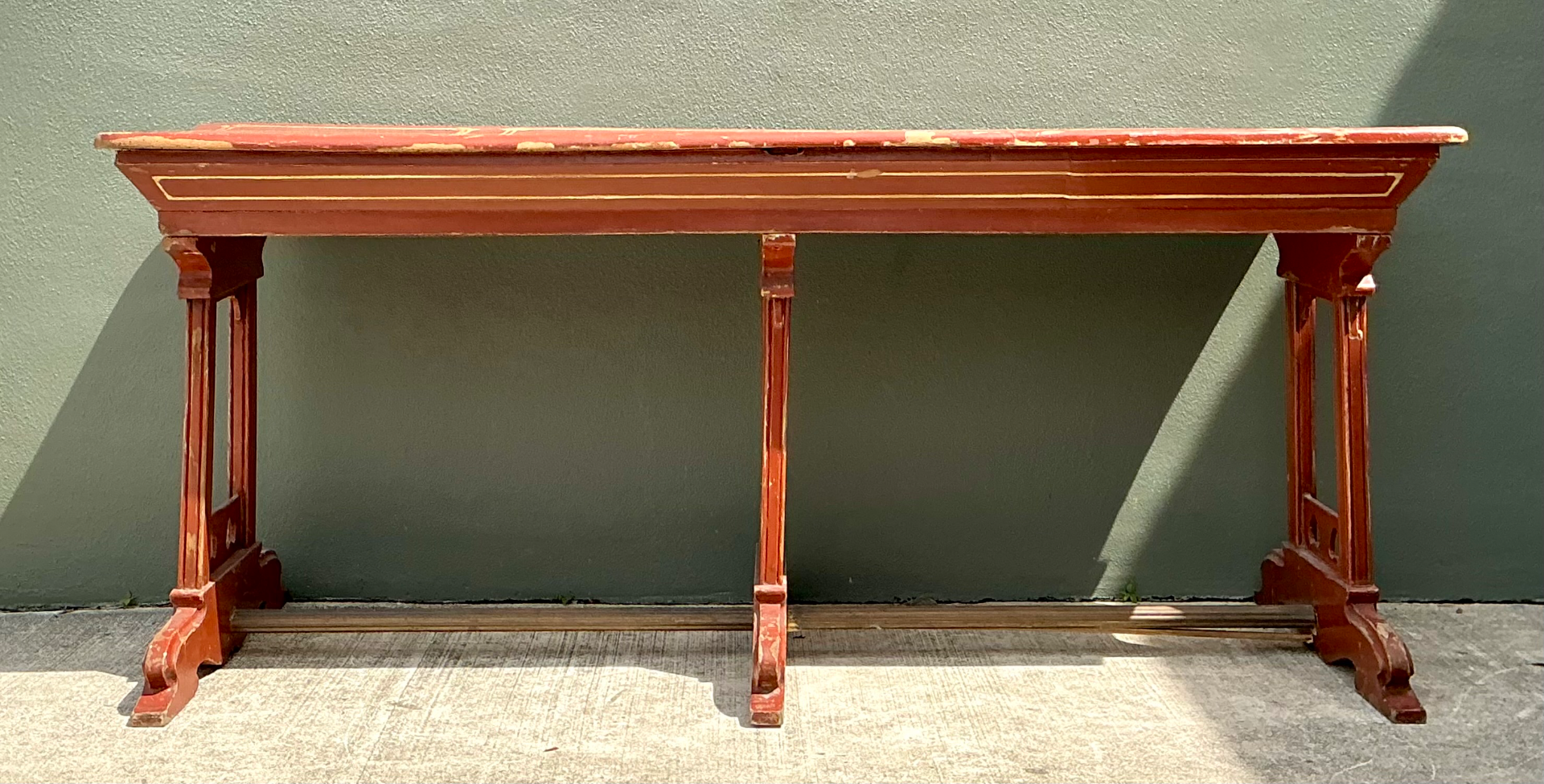 Vintage Rustic Red Wood Console Table - Side view