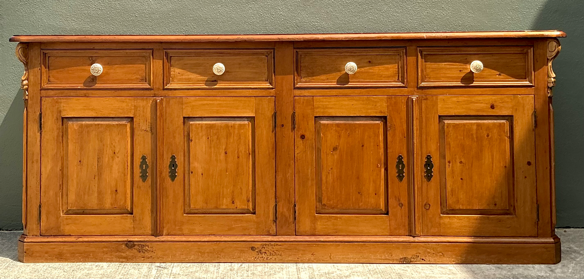 Vintage Carved Knotty Pine Credenza - Detail view
