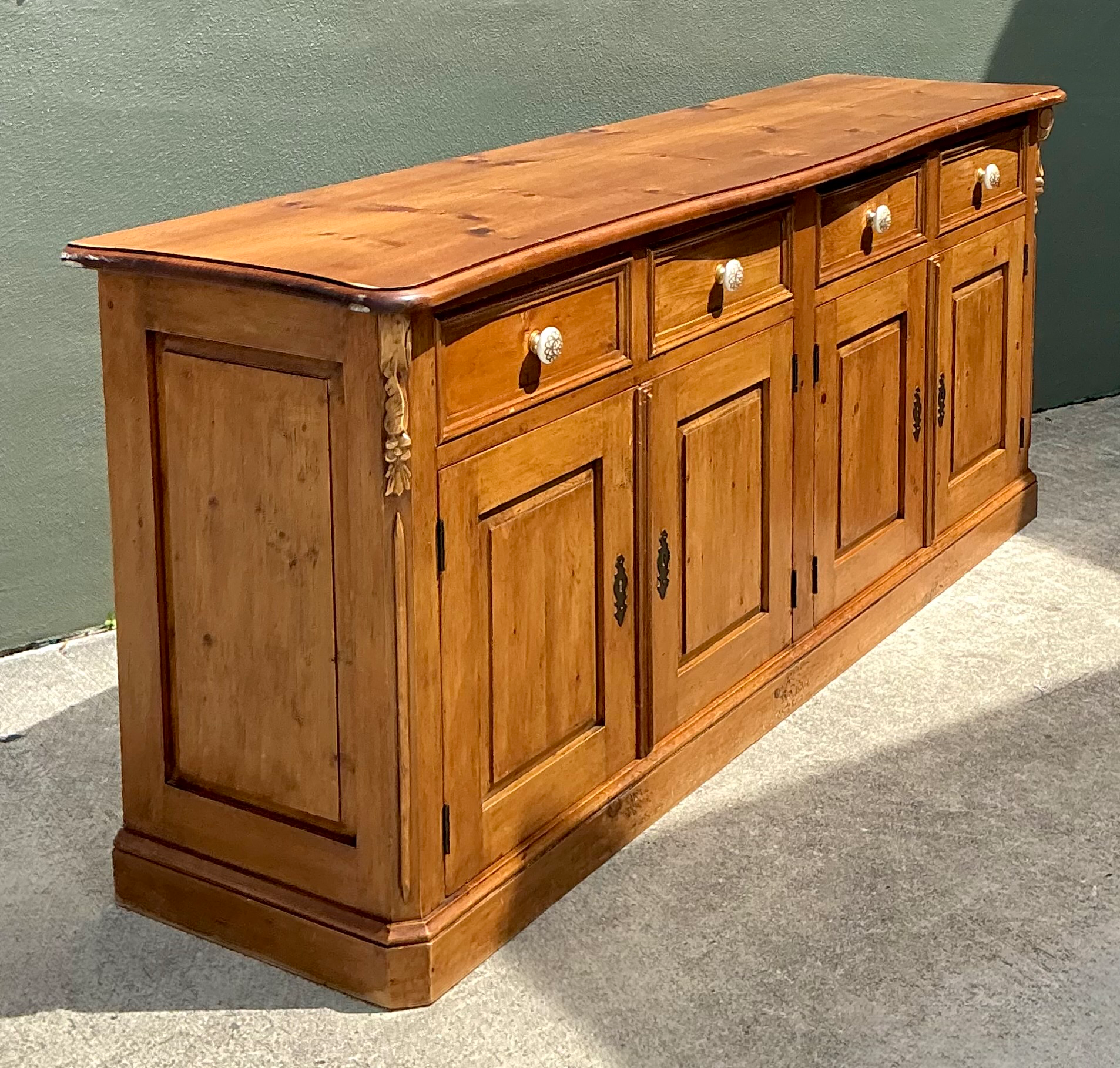 Vintage Carved Knotty Pine Credenza - Top view