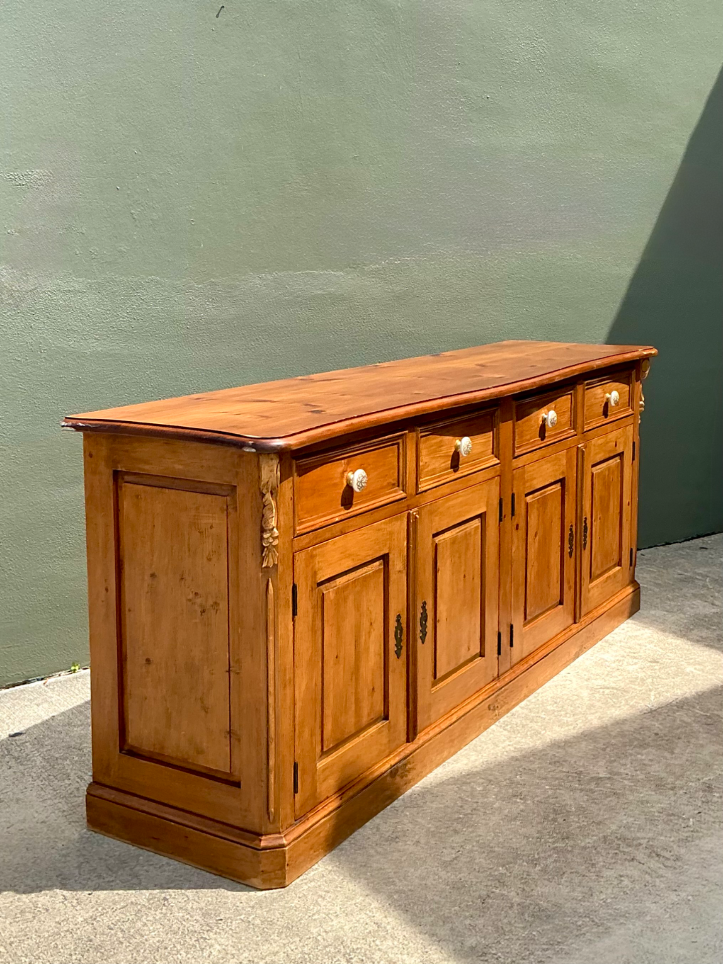 Vintage Carved Knotty Pine Credenza - Back view