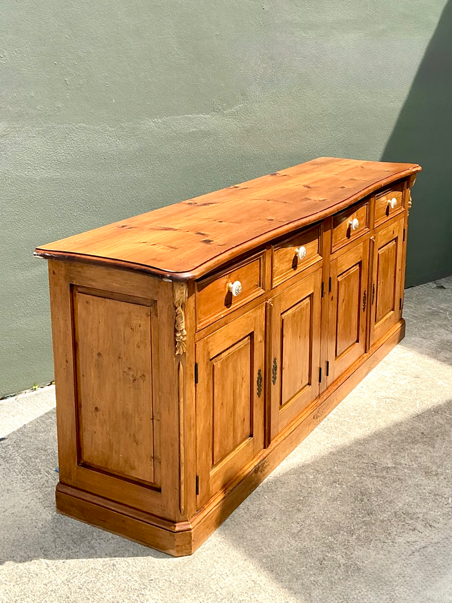 Vintage Carved Knotty Pine Credenza - Side view