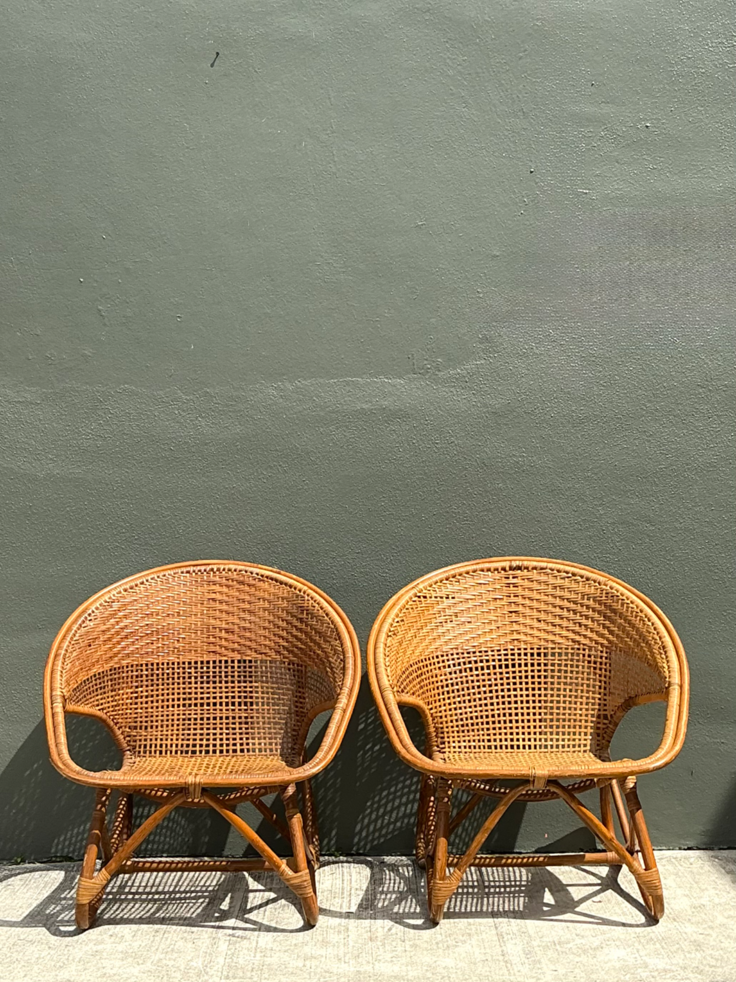 Vintage Woven Rattan Lounge Chairs - Pair - Back view