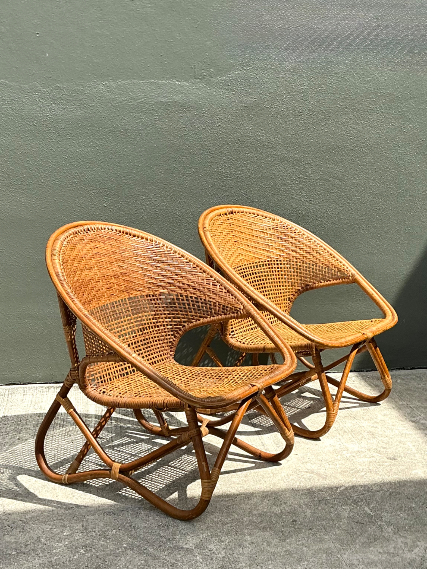 Vintage Woven Rattan Lounge Chairs - Pair - Side view