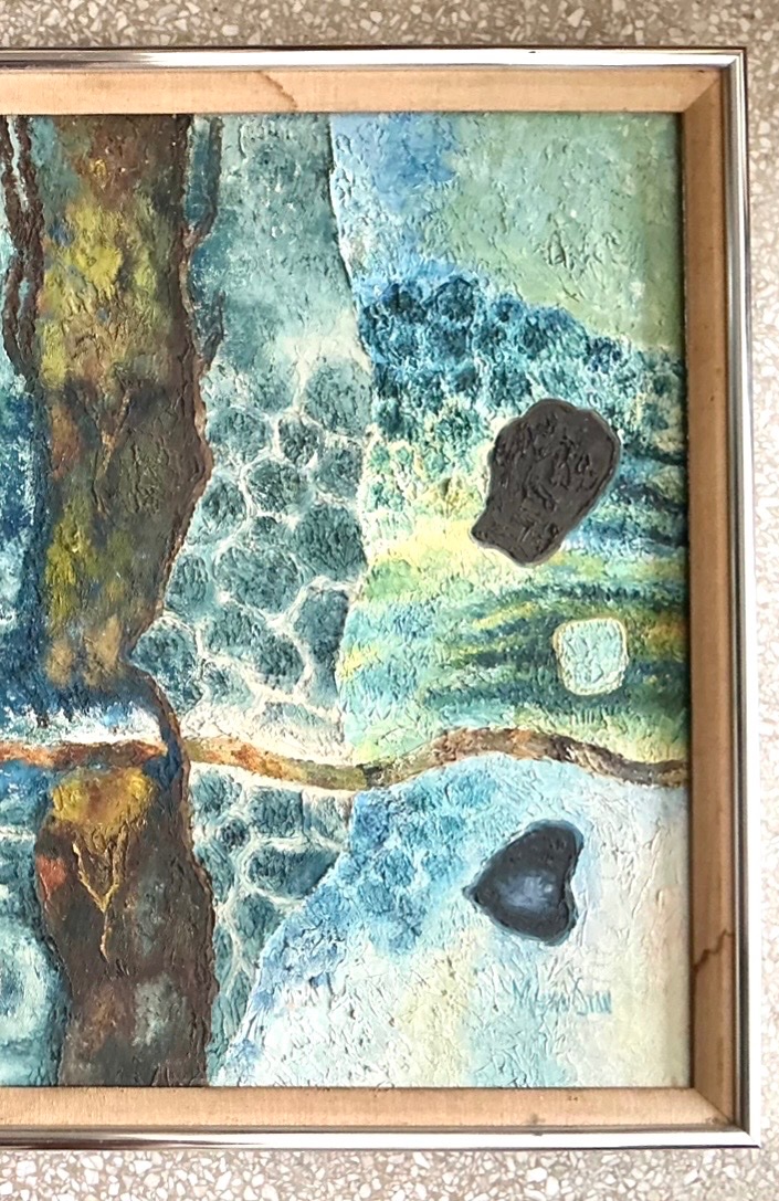 Vintage Framed Abstract Art on Board - Side view
