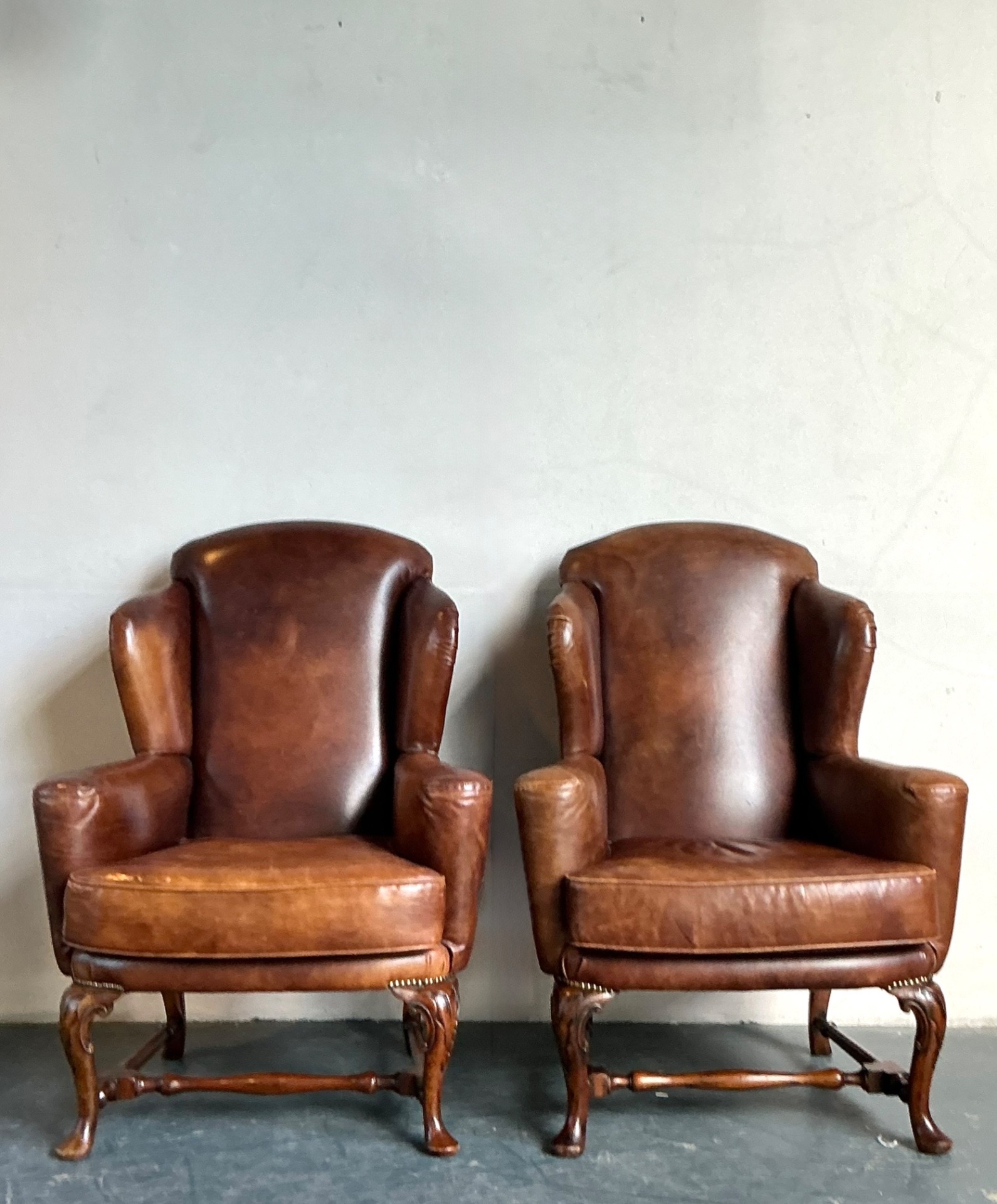 Vintage Italian Leather Wingback Chairs - A Pair - Side view