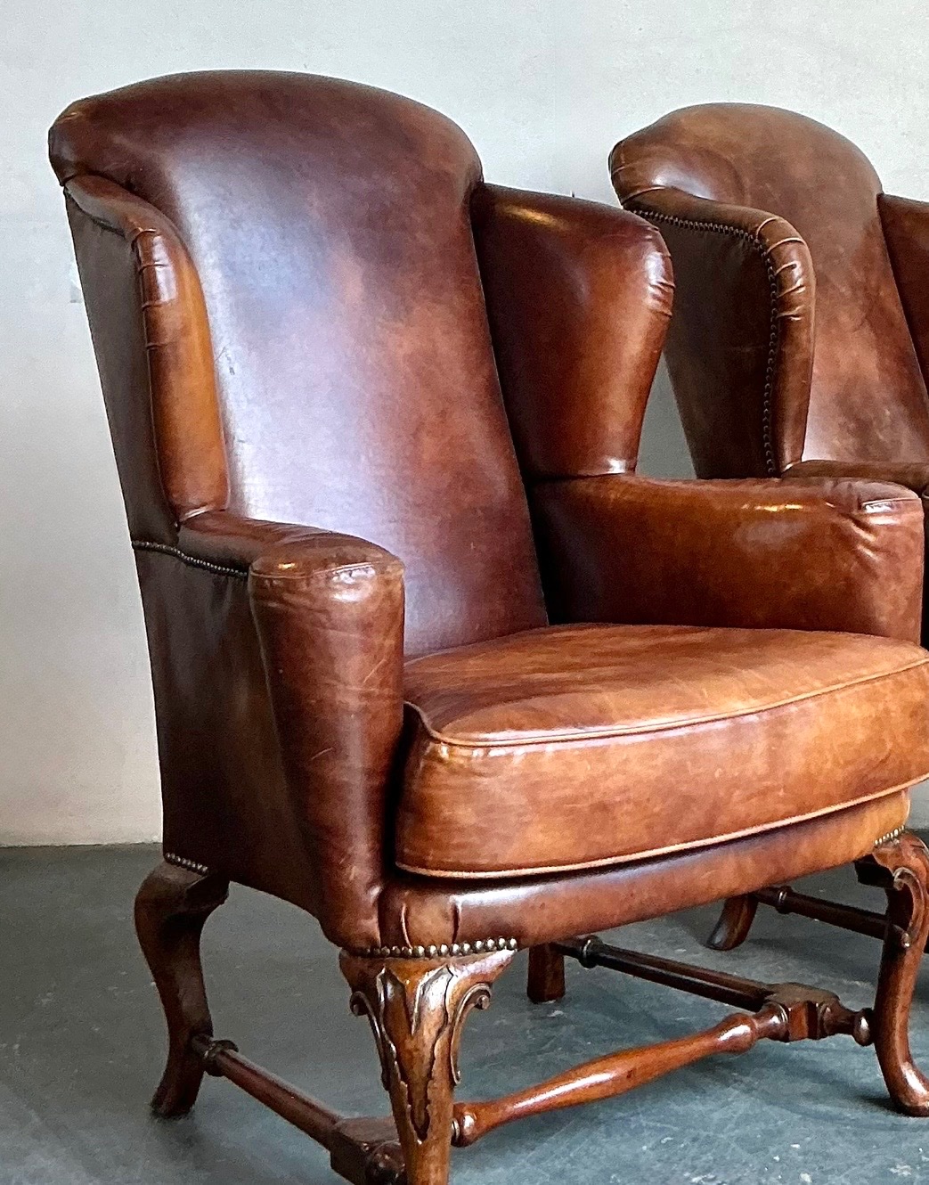 Vintage Italian Leather Wingback Chairs - A Pair - Back view