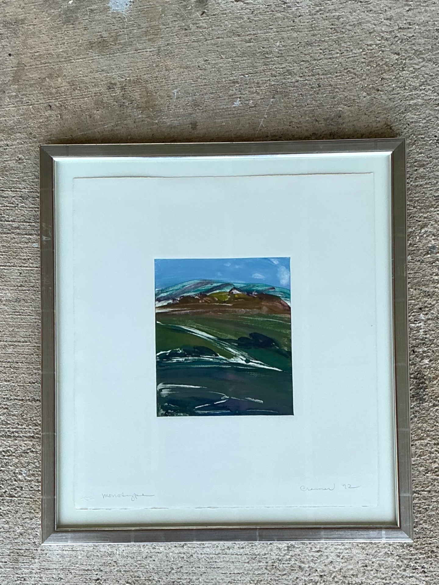 Framed Abstract Landscape Monotype Print - Back view