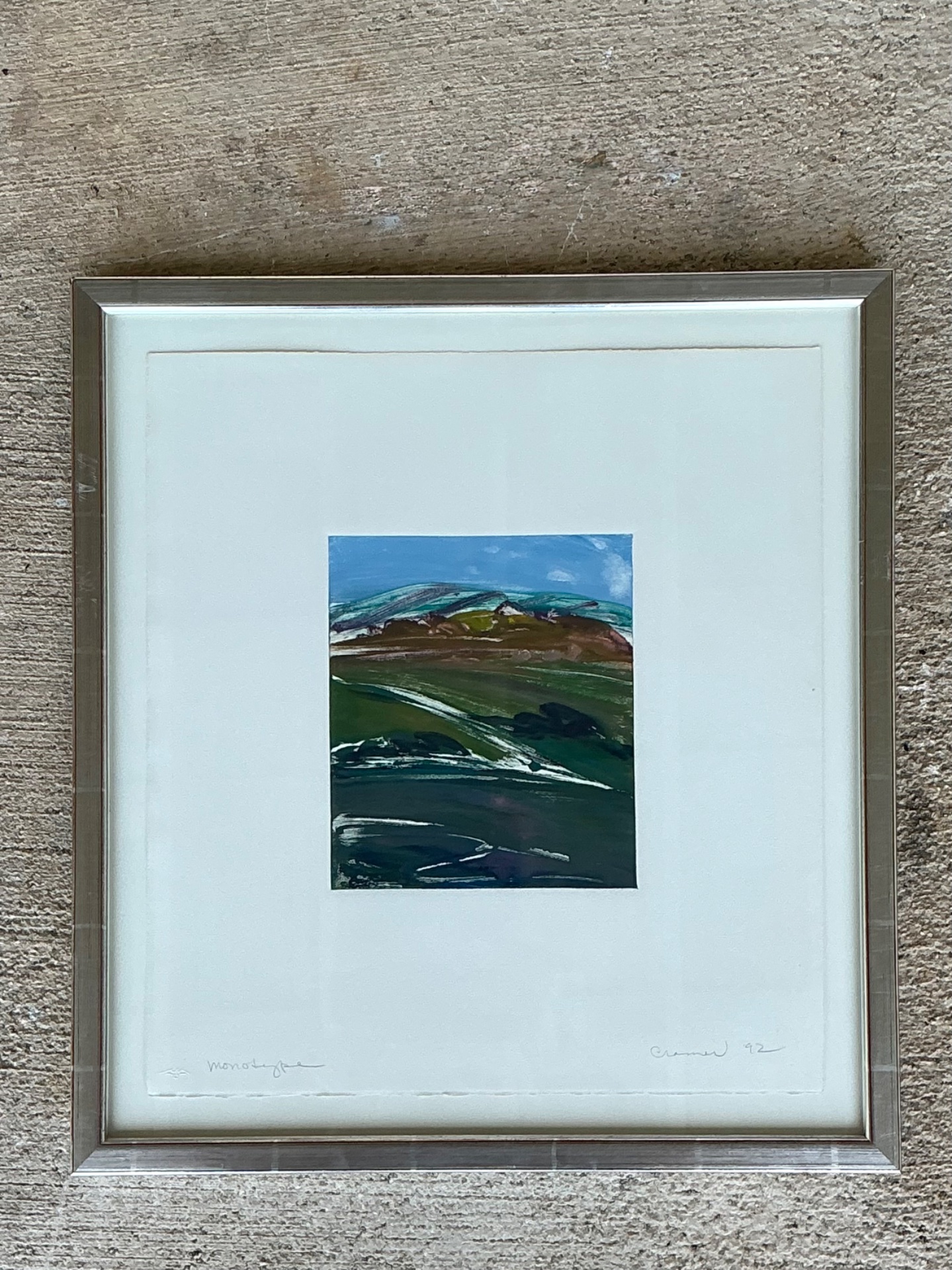 Framed Abstract Landscape Monotype Print - Detail view