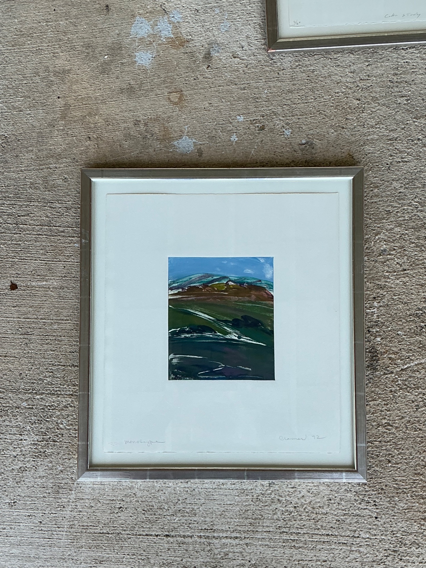 Framed Abstract Landscape Monotype Print - Top view