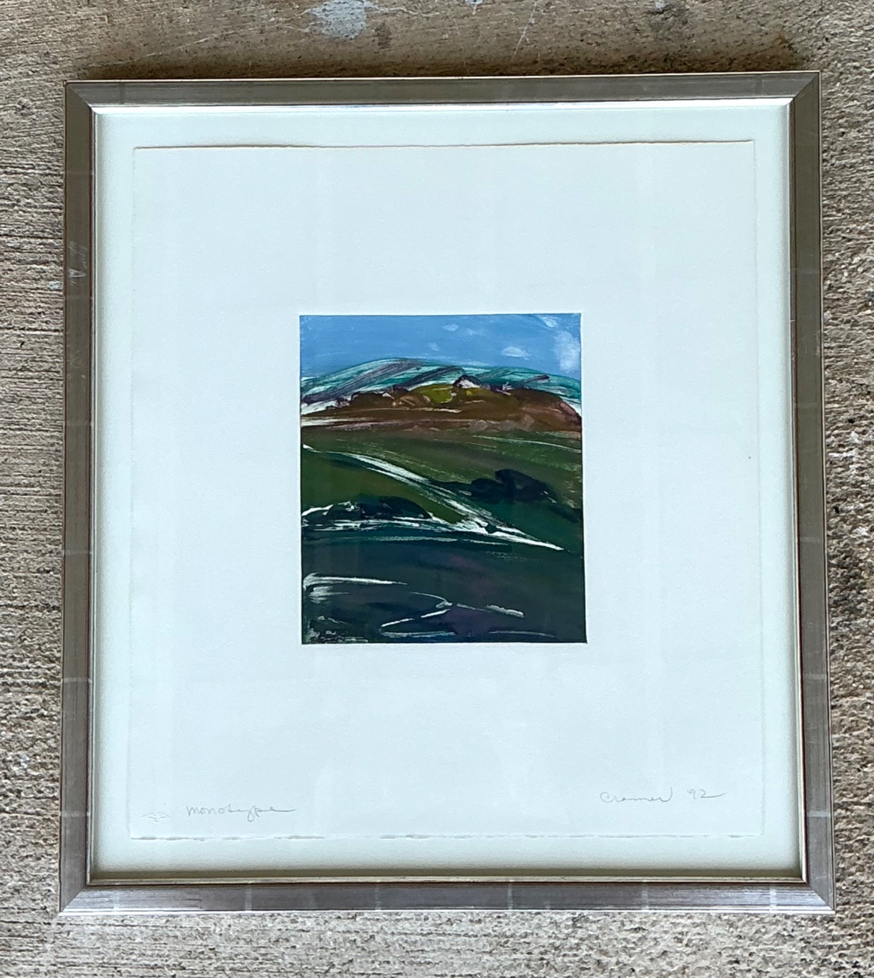 Framed Abstract Landscape Monotype Print - Top view