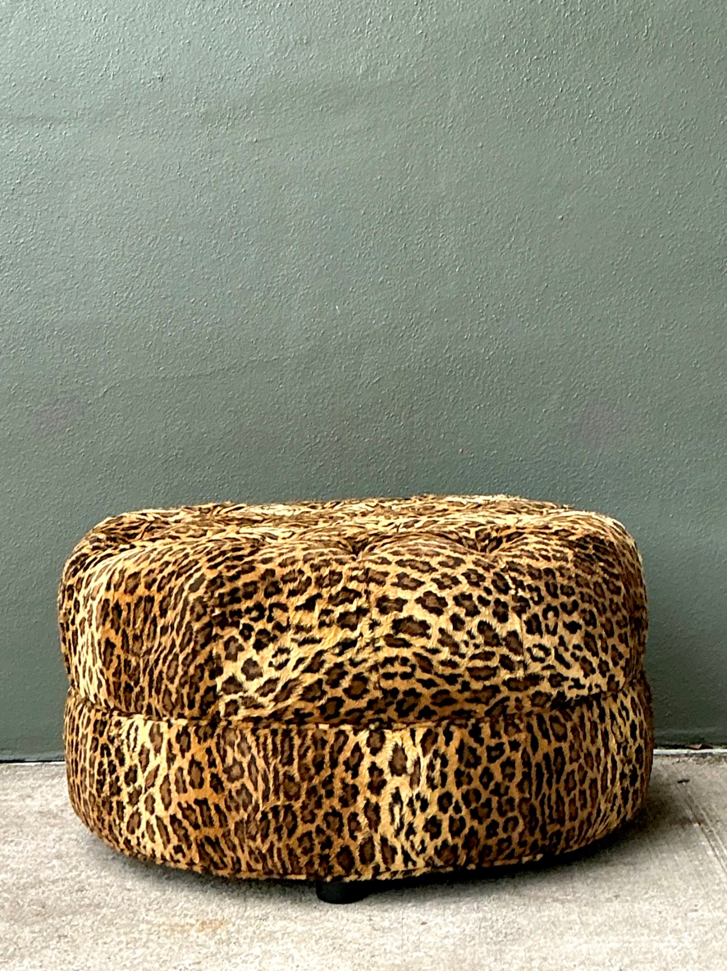 Vintage Leopard Print Tufted Ottoman - Side view