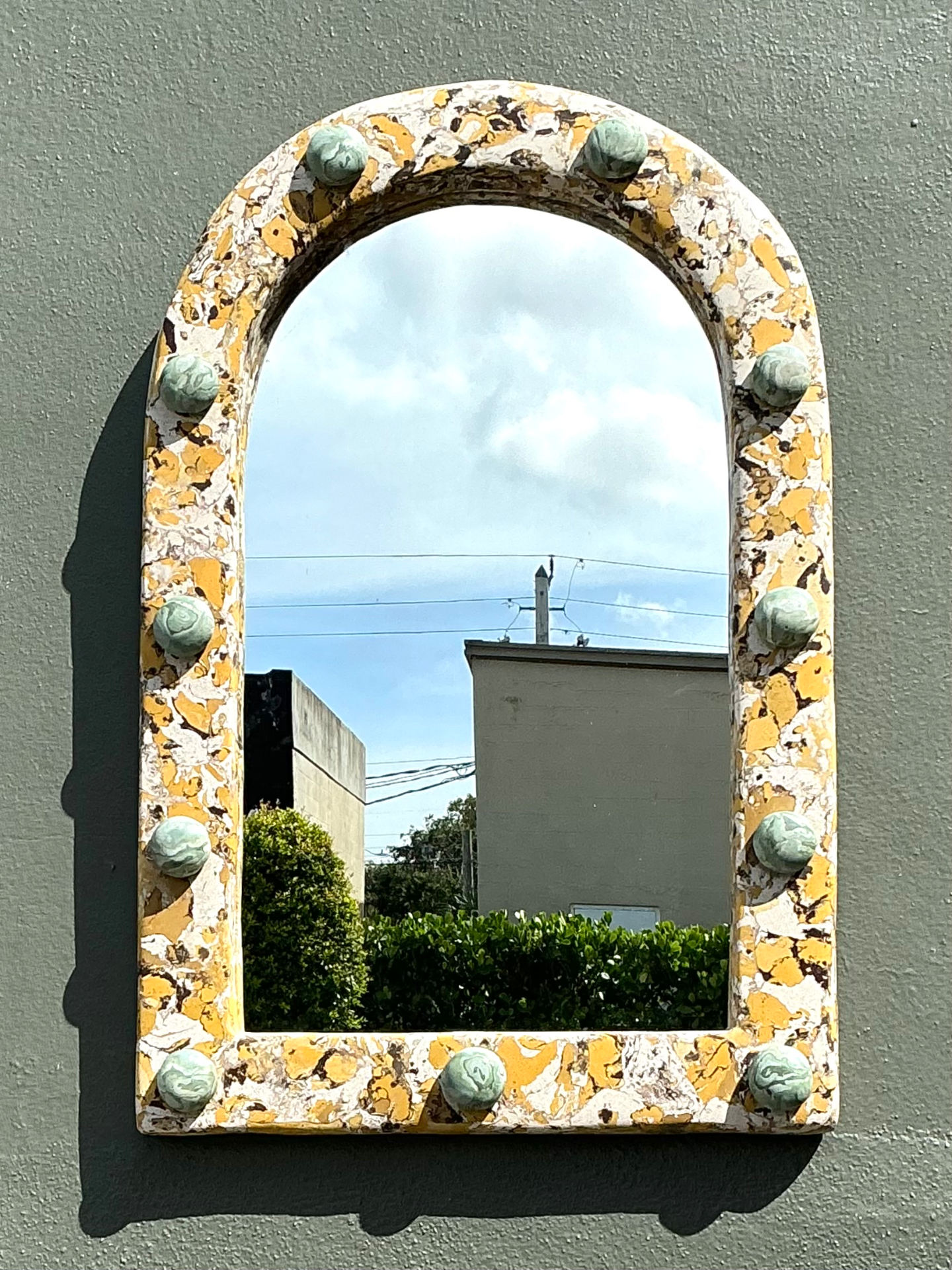 Vintage Italian Scagliola Pigmented Plaster Arched Wall Mirror - Top view