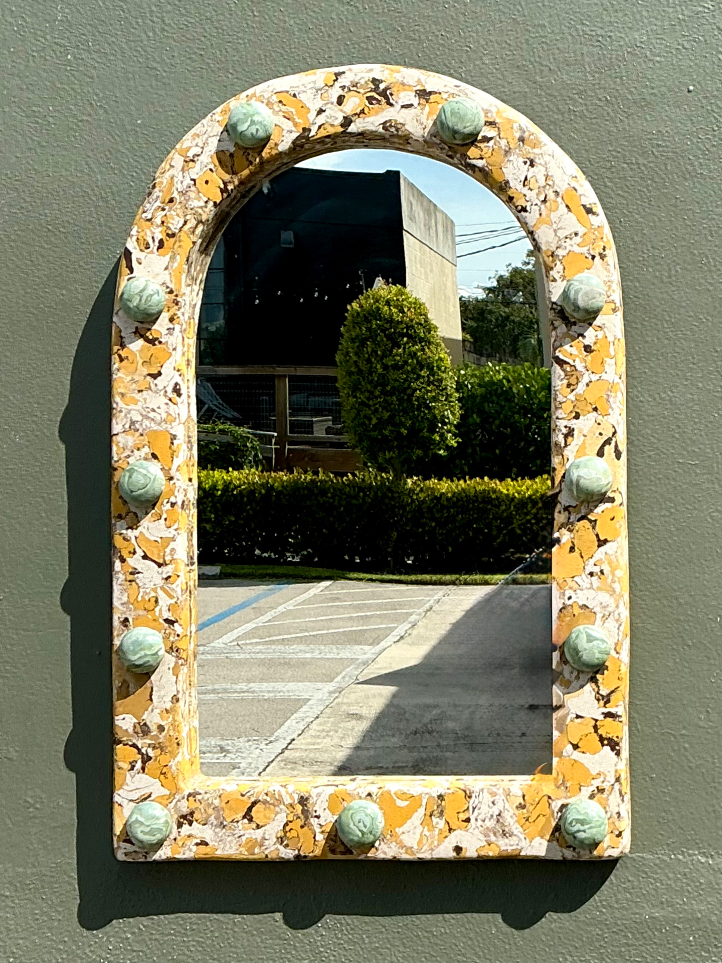 Vintage Italian Scagliola Pigmented Plaster Arched Wall Mirror - Detail view