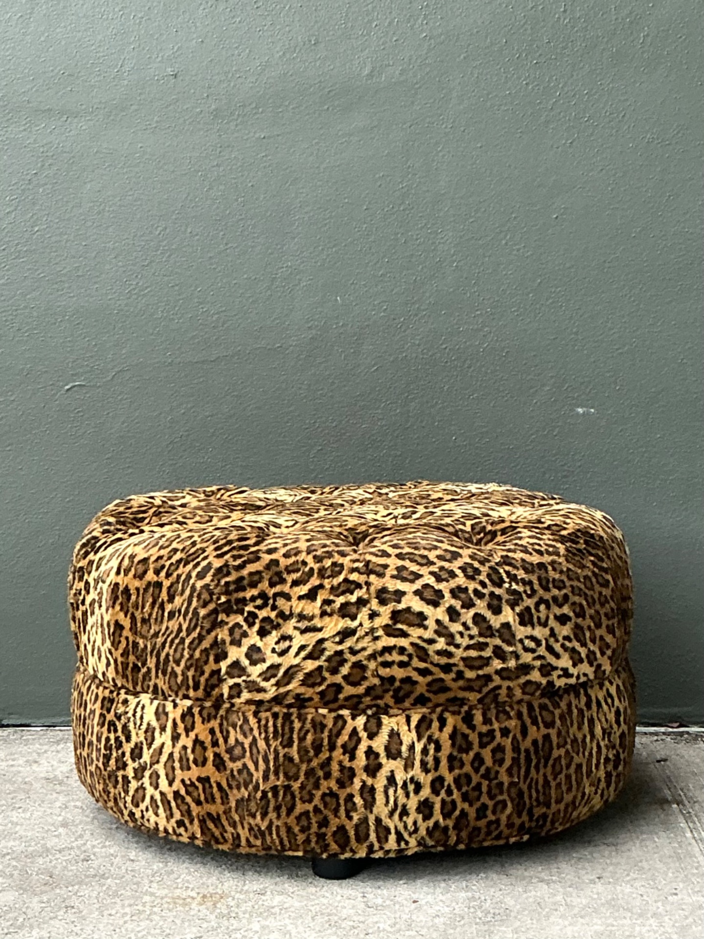 Vintage Leopard Print Tufted Ottoman - Back view