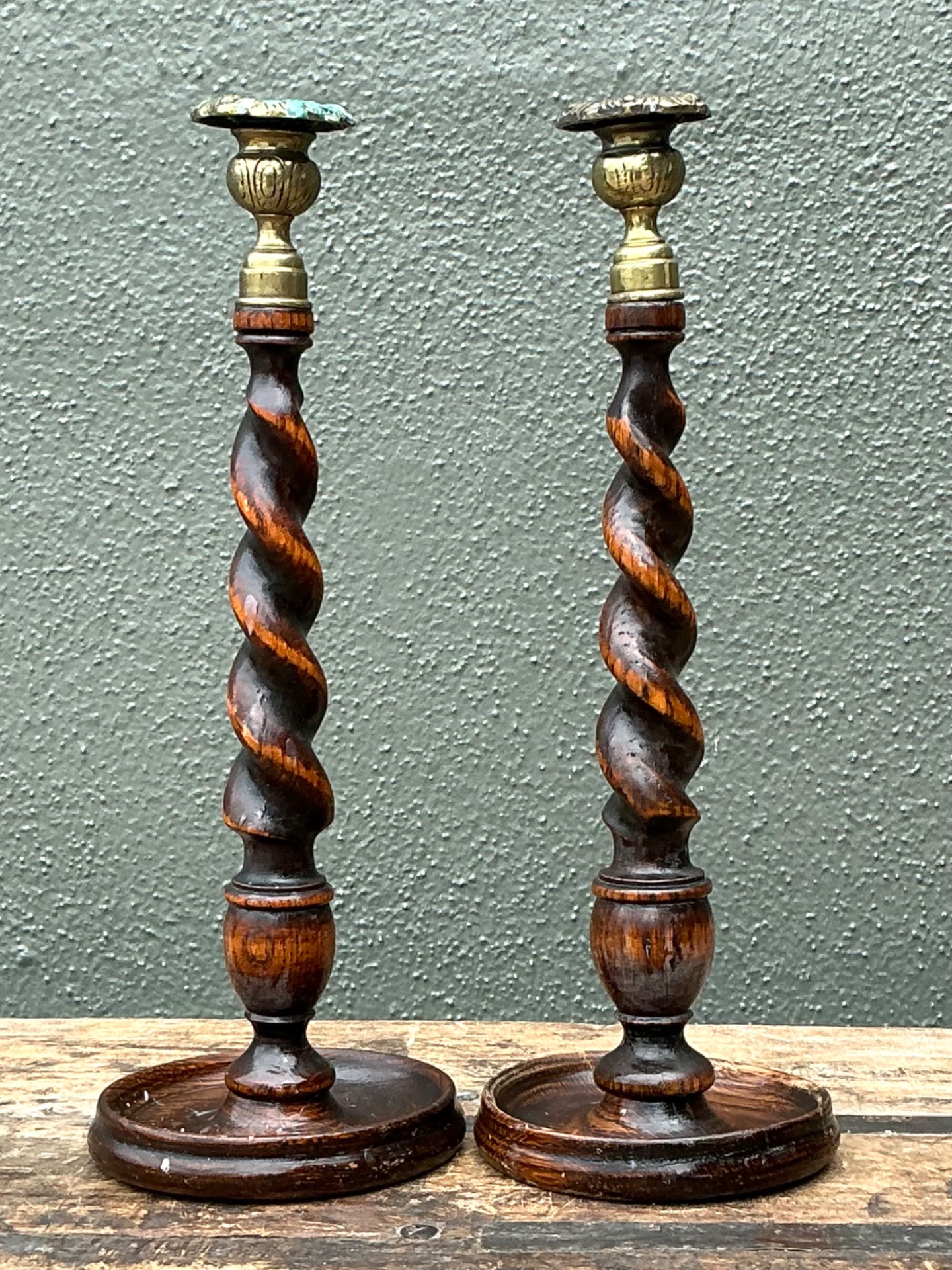 Vintage Barley Twist Wood Candlesticks - A Pair - Oak, 5W x 14.25H - Detail view