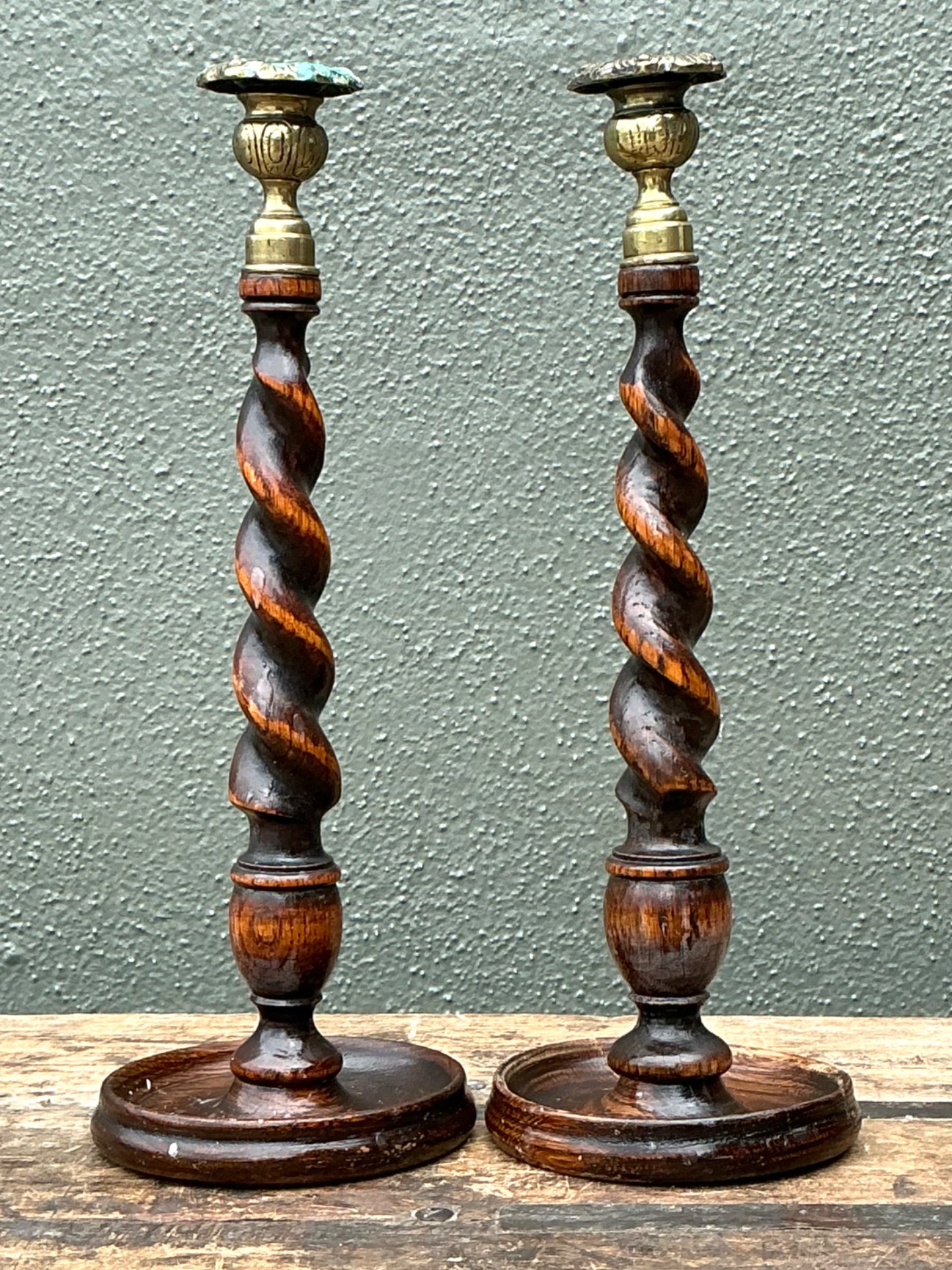 Vintage Barley Twist Wood Candlesticks - A Pair - Oak, 5W x 14.25H - Side view