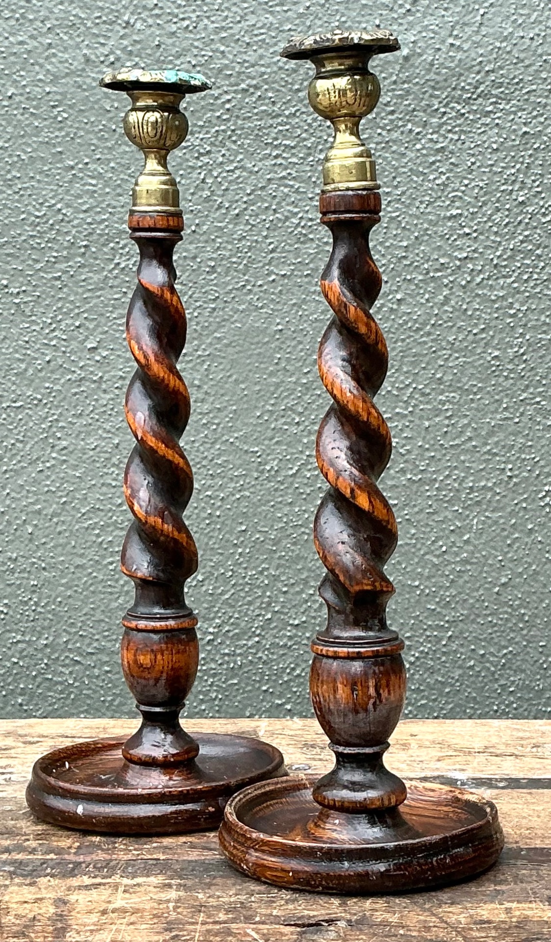 Vintage Barley Twist Wood Candlesticks - A Pair - Oak, 5W x 14.25H - Top view