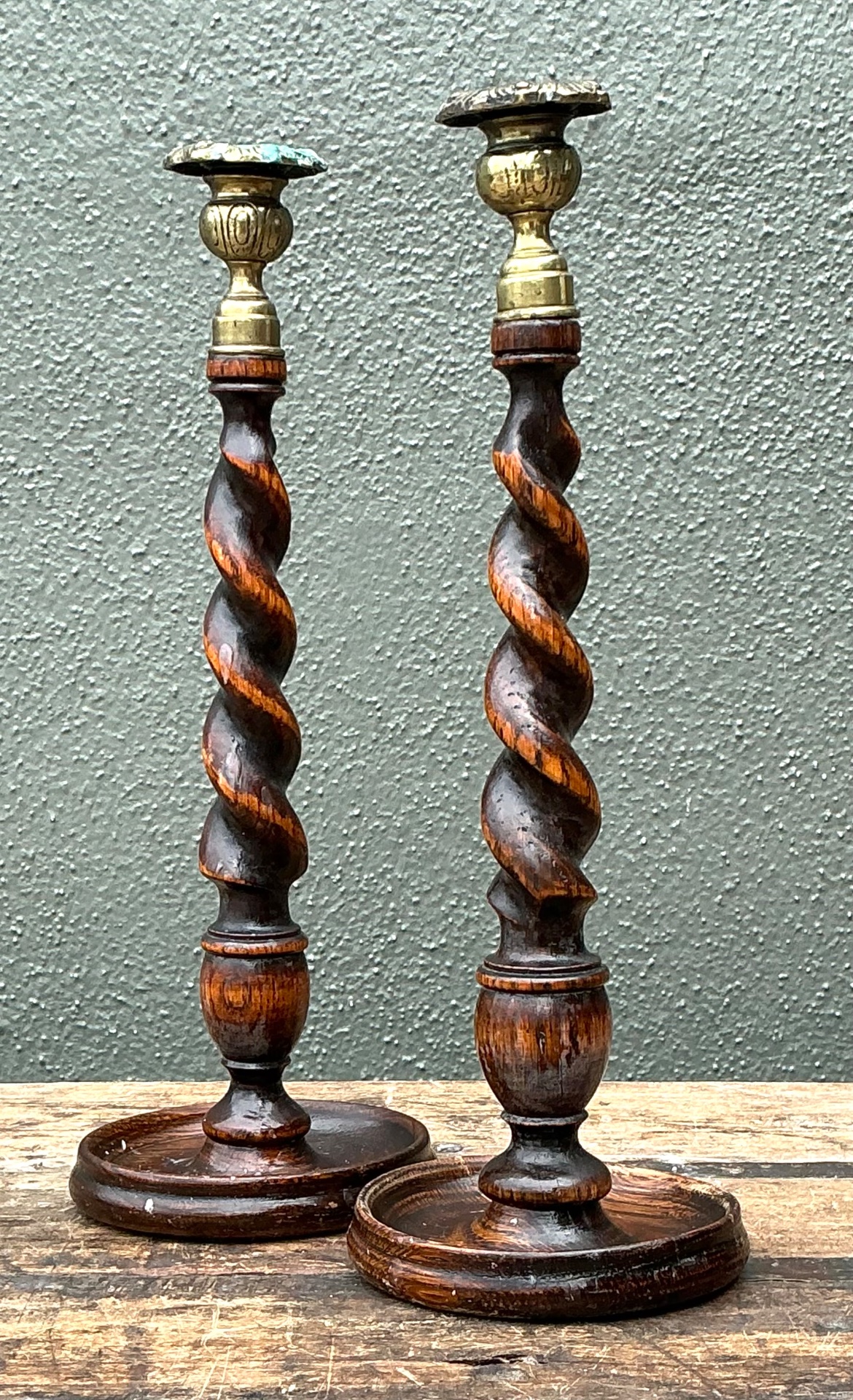 Vintage Barley Twist Wood Candlesticks - A Pair - Oak, 5W x 14.25H - Back view