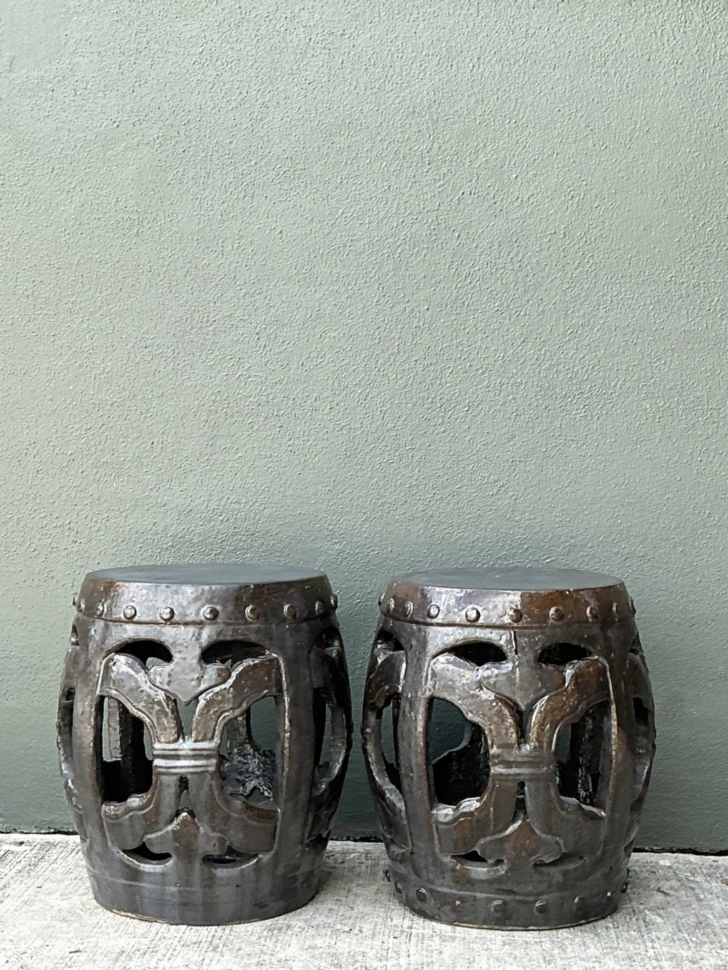 Vintage Ceramic Lattice Low Stools - Pair - Back view