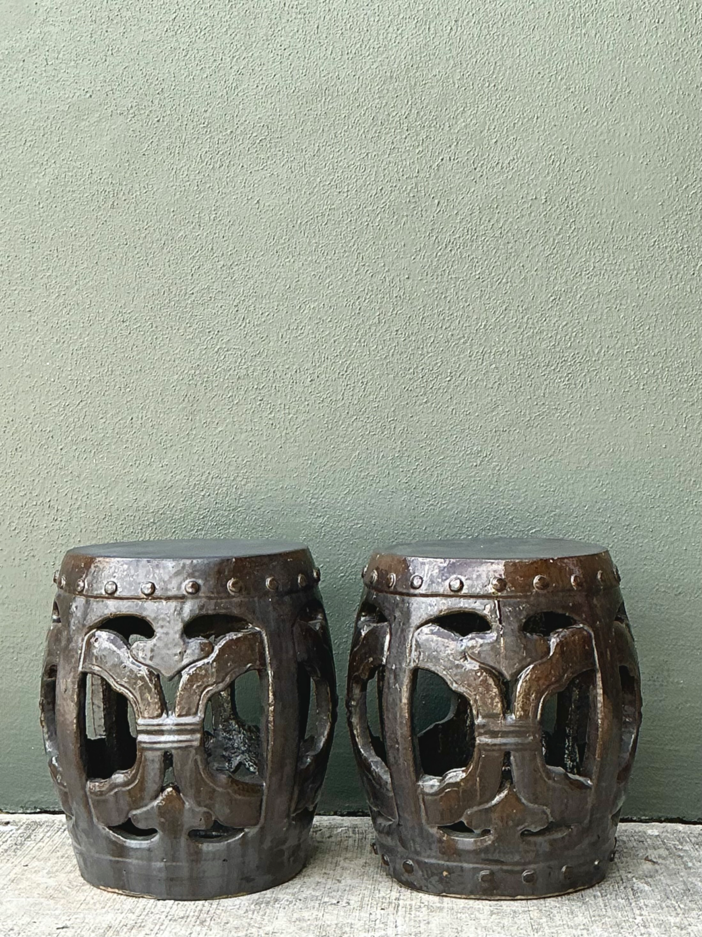 Vintage Ceramic Lattice Low Stools - Pair - Detail view