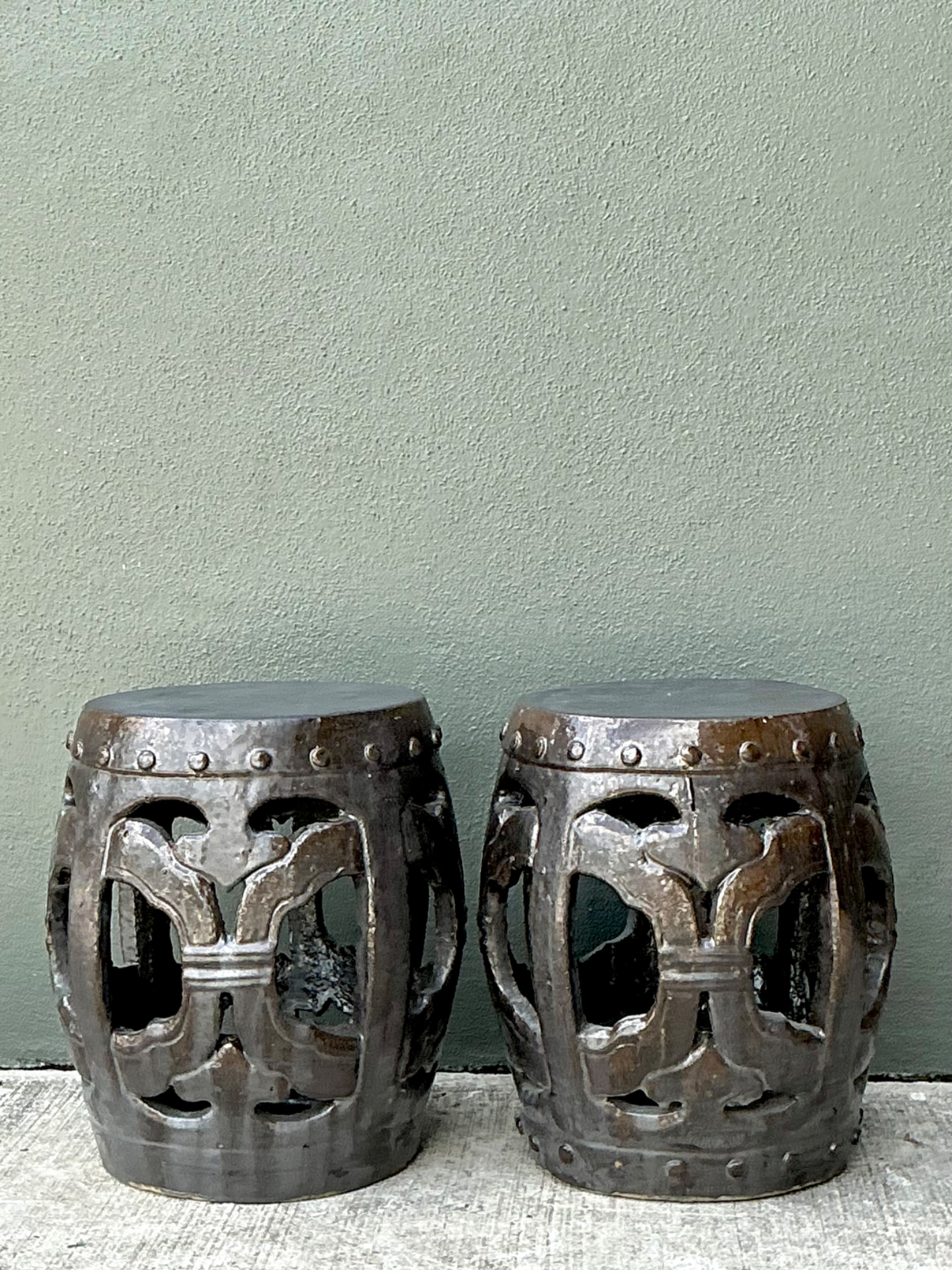 Vintage Ceramic Lattice Low Stools - Pair - Side view