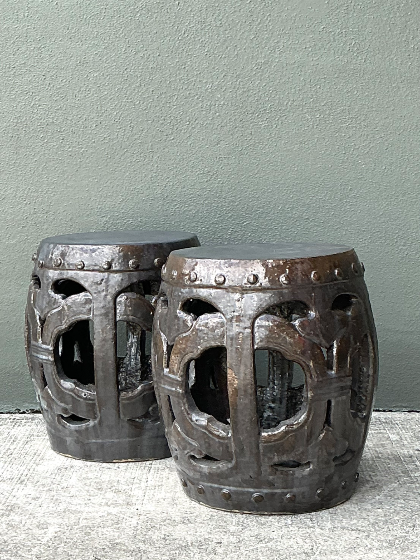 Vintage Ceramic Lattice Low Stools - Pair - Top view