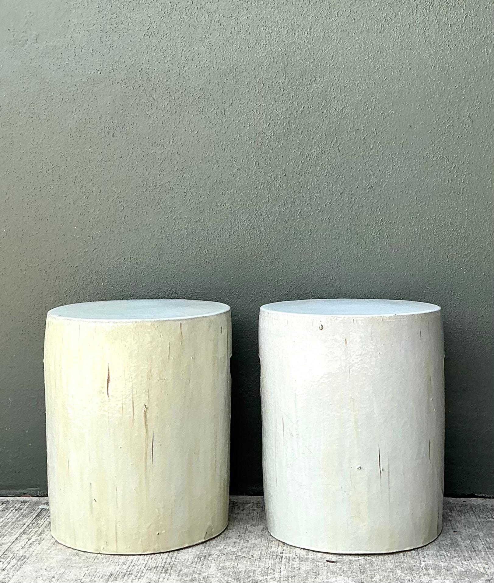 Vintage Glazed Ceramic Drum Stools - Pair - Back view