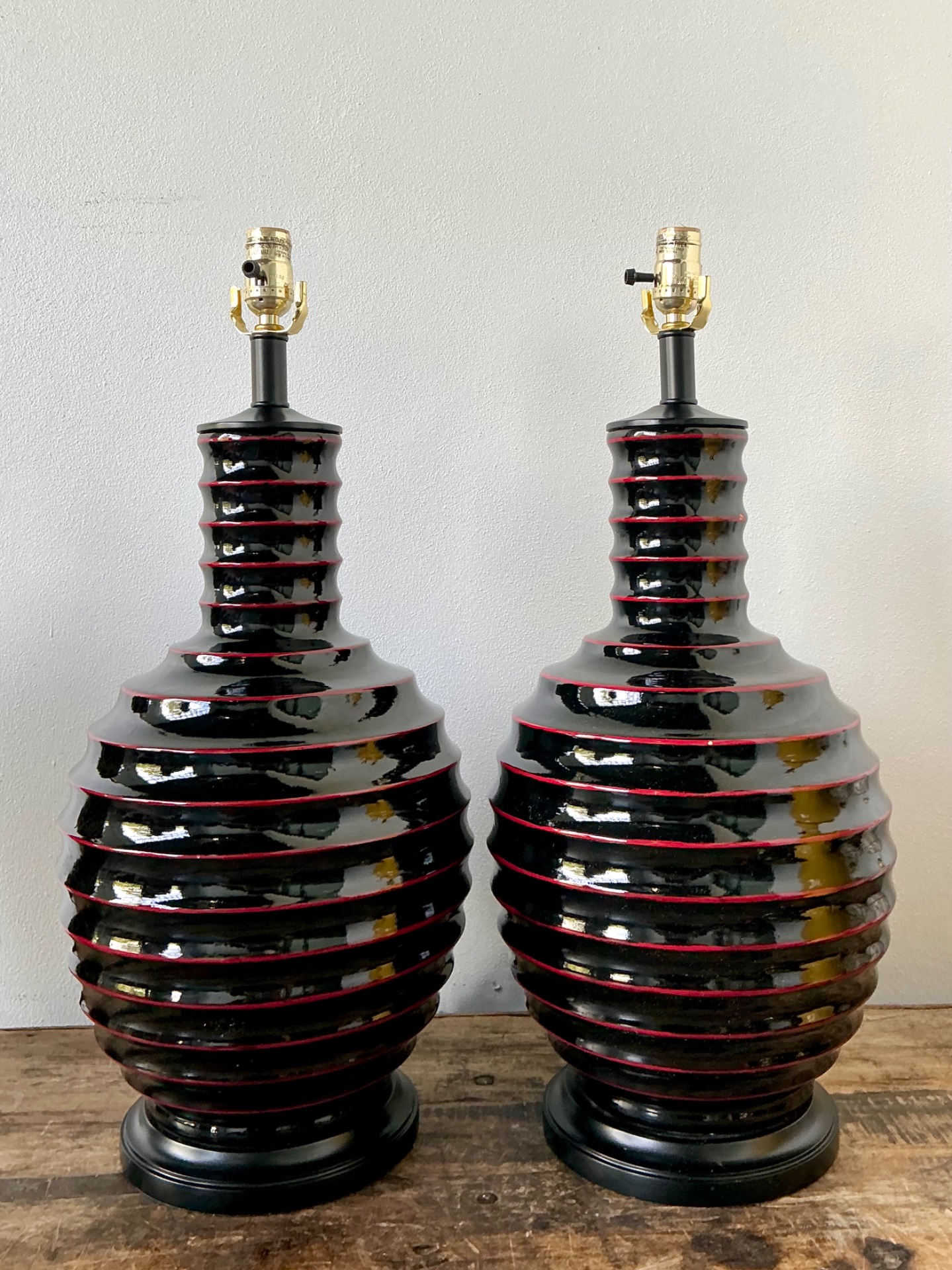 Vintage Glazed Ceramic Ribbed Table Lamps - A Pair - Side view
