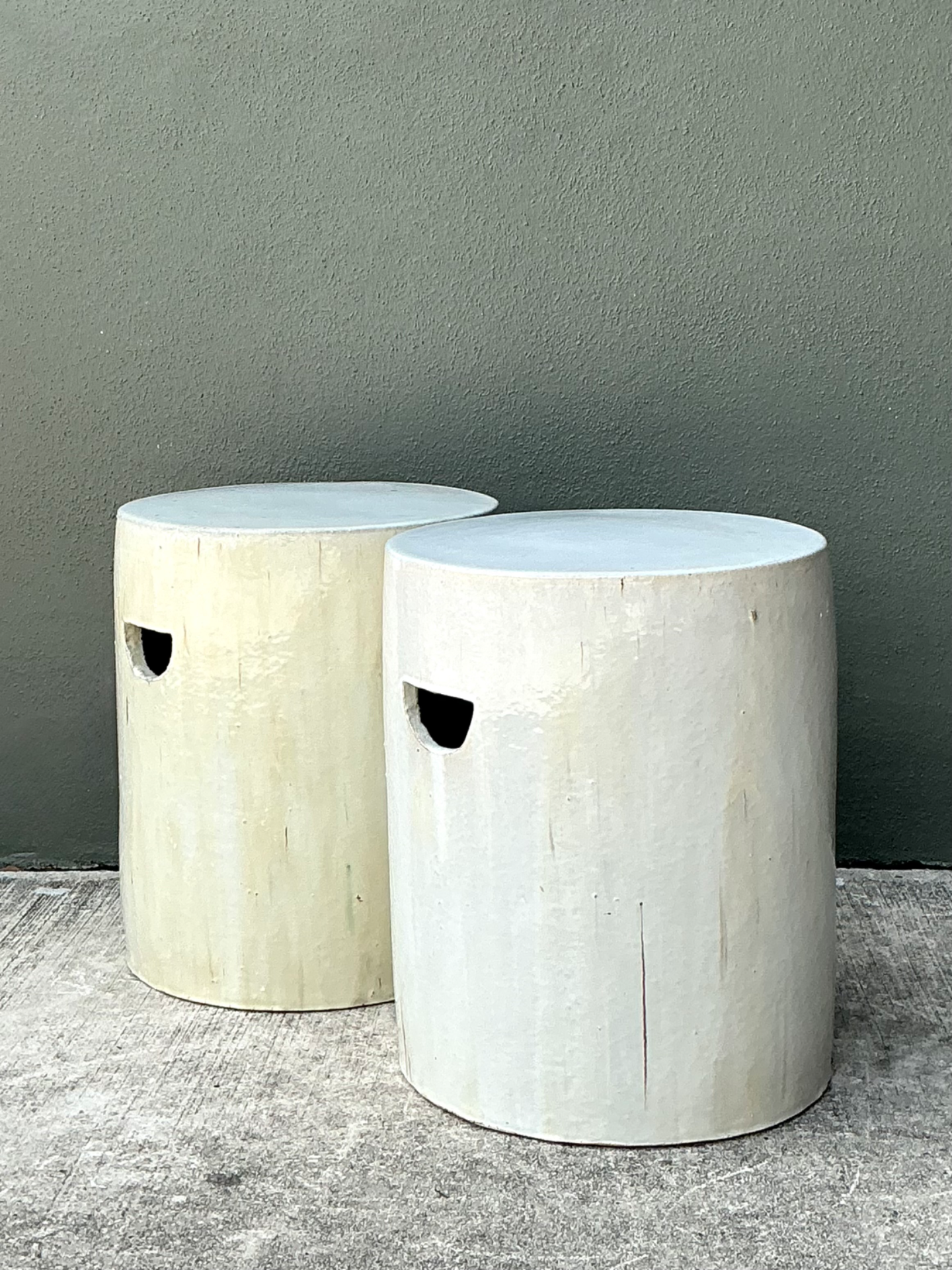 Vintage Glazed Ceramic Drum Stools - Pair - Side view