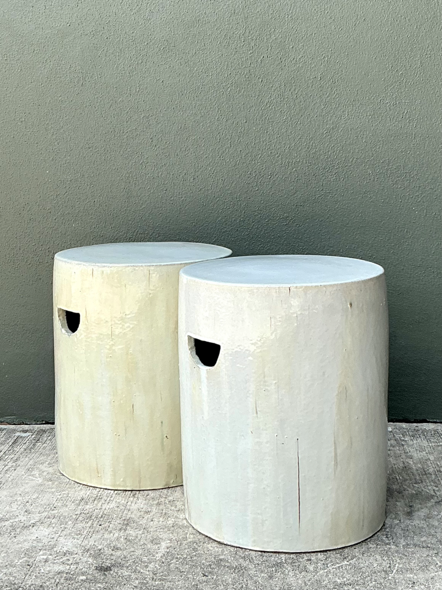 Vintage Glazed Ceramic Drum Stools - Pair - Top view