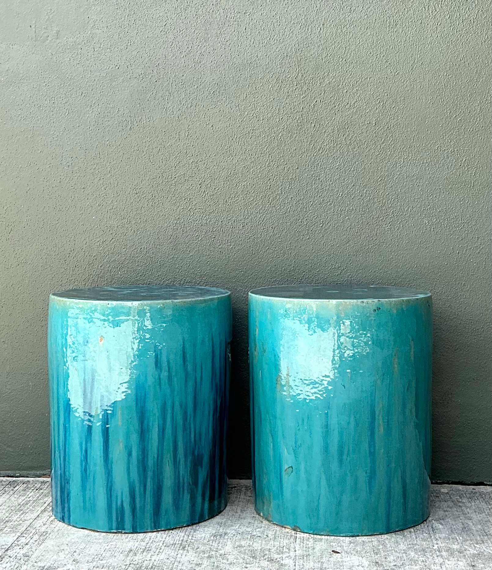 Vintage Glazed Ceramic Low Stools - Pair - Detail view