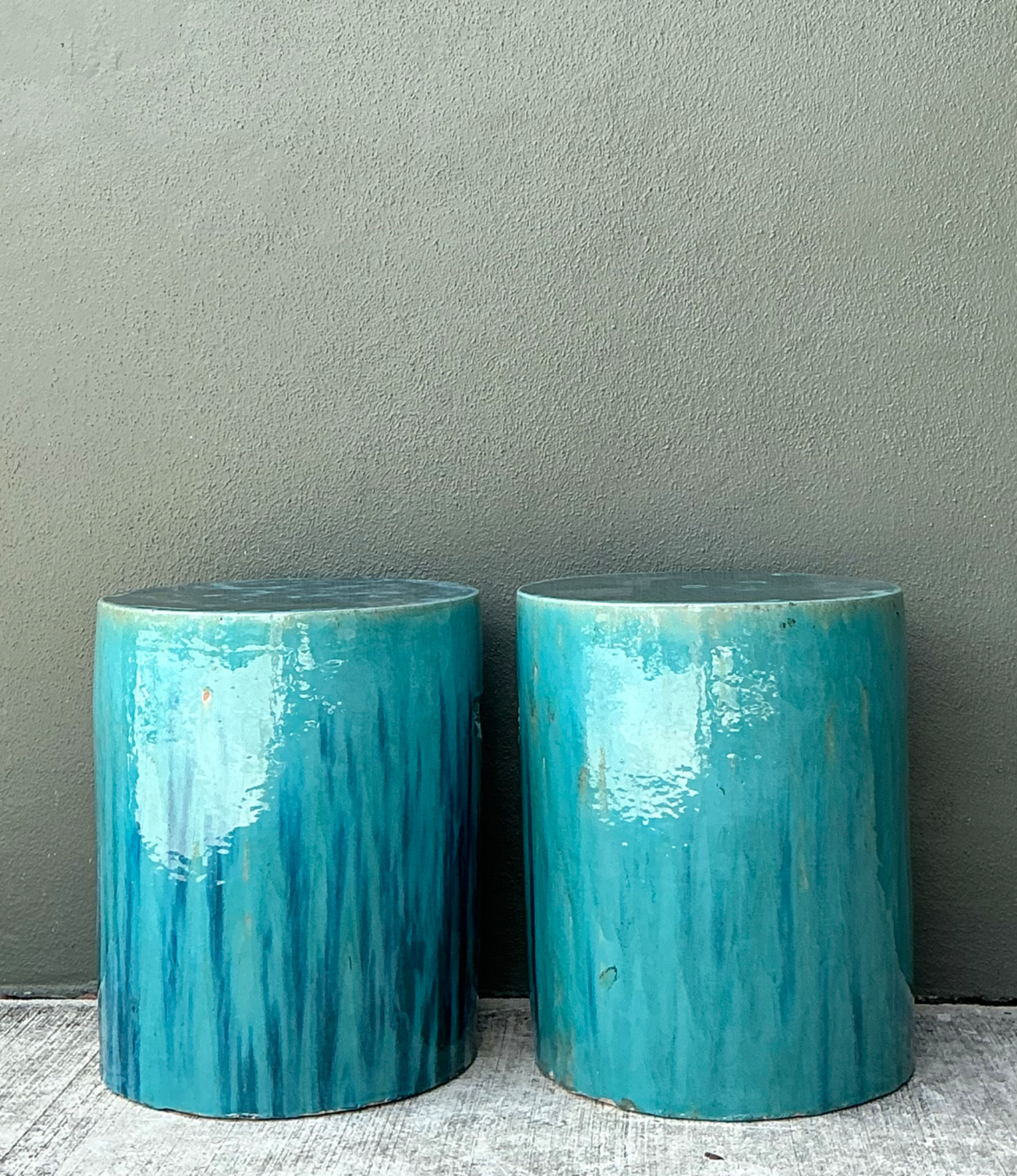 Vintage Glazed Ceramic Low Stools - Pair - Back view