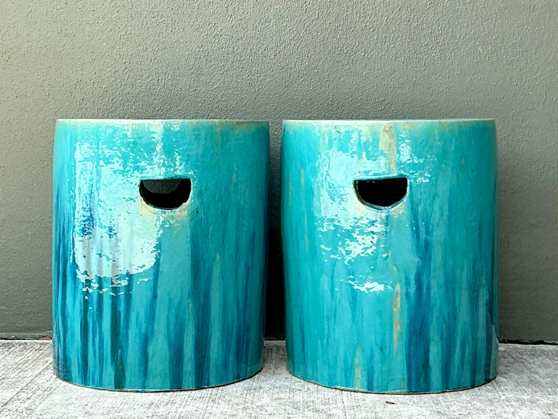 Vintage Glazed Ceramic Low Stools - Pair - Side view