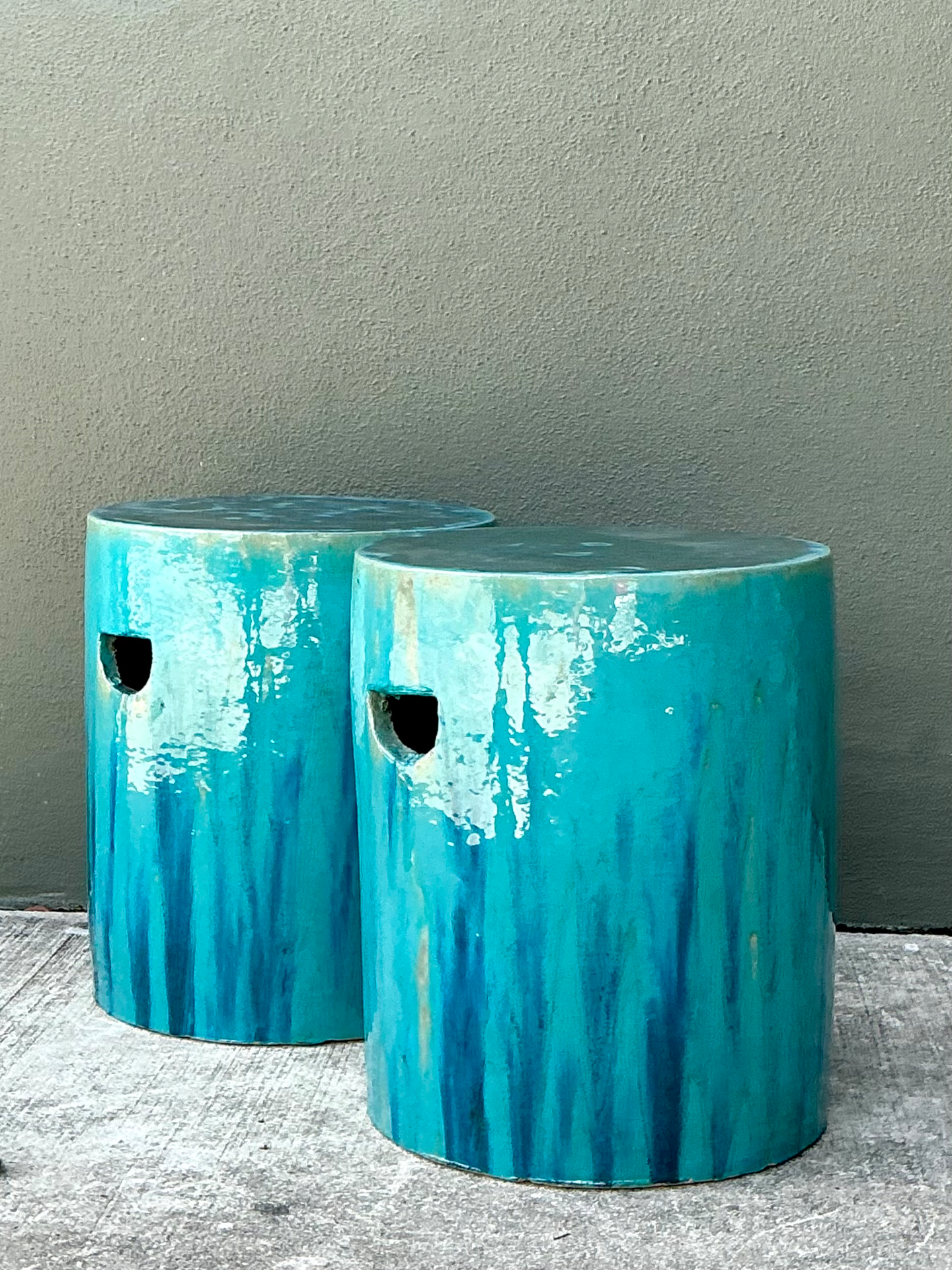 Vintage Glazed Ceramic Low Stools - Pair - Top view