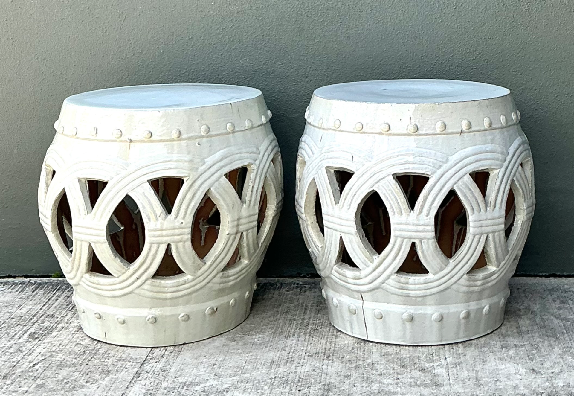 Vintage Ceramic Lattice Low Stools - Pair - Side view